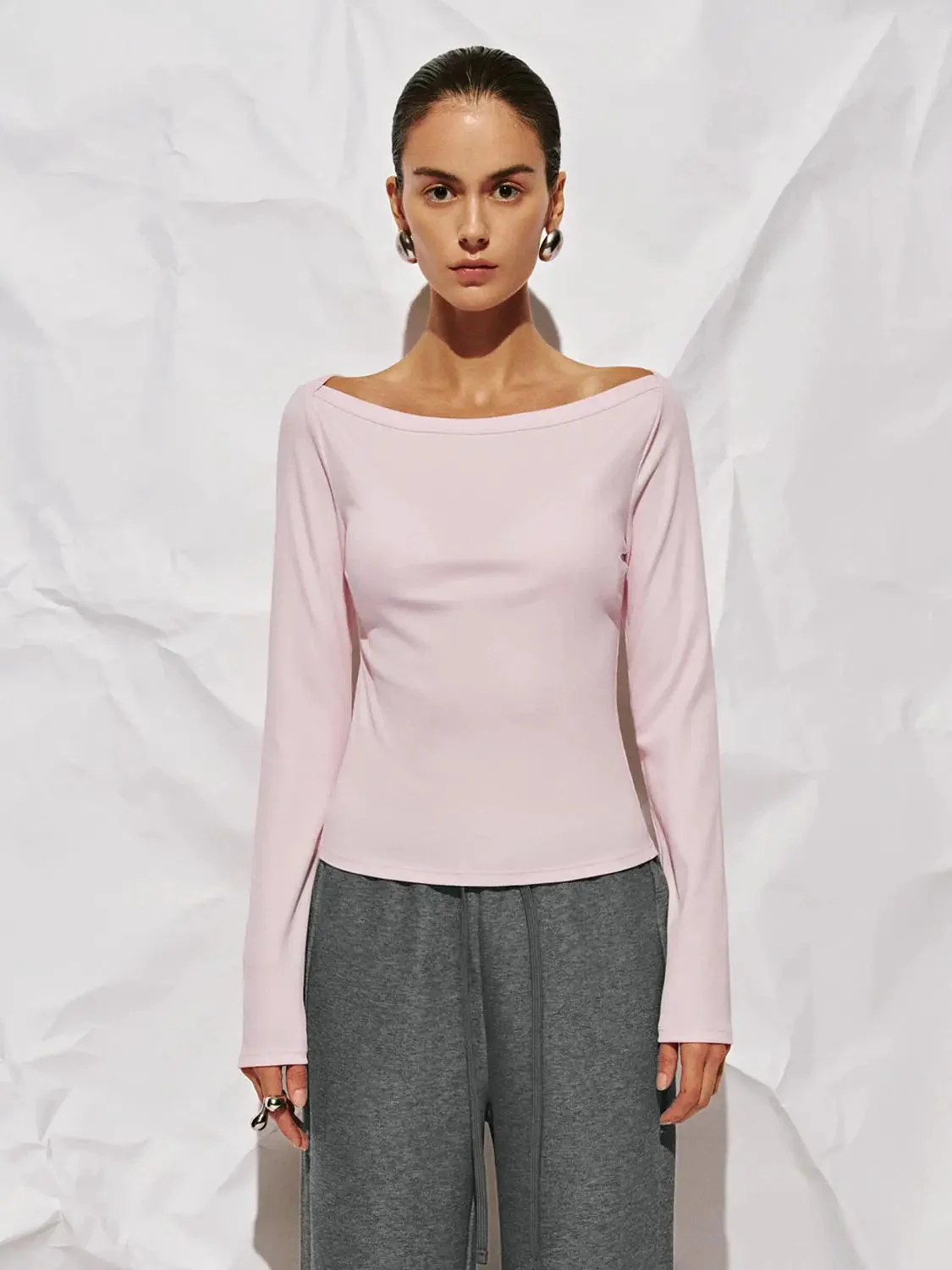 Cotton And Viscose Blend Off Shoulder Long Sleeve T Shirts