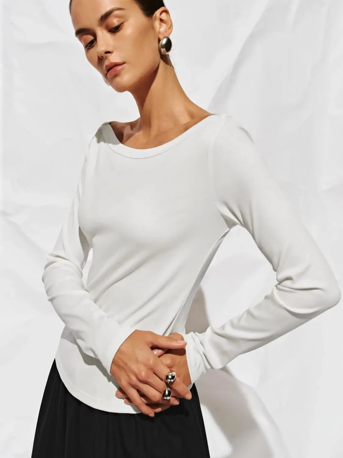 Cotton And Viscose Blend Off Shoulder Long Sleeve T Shirts