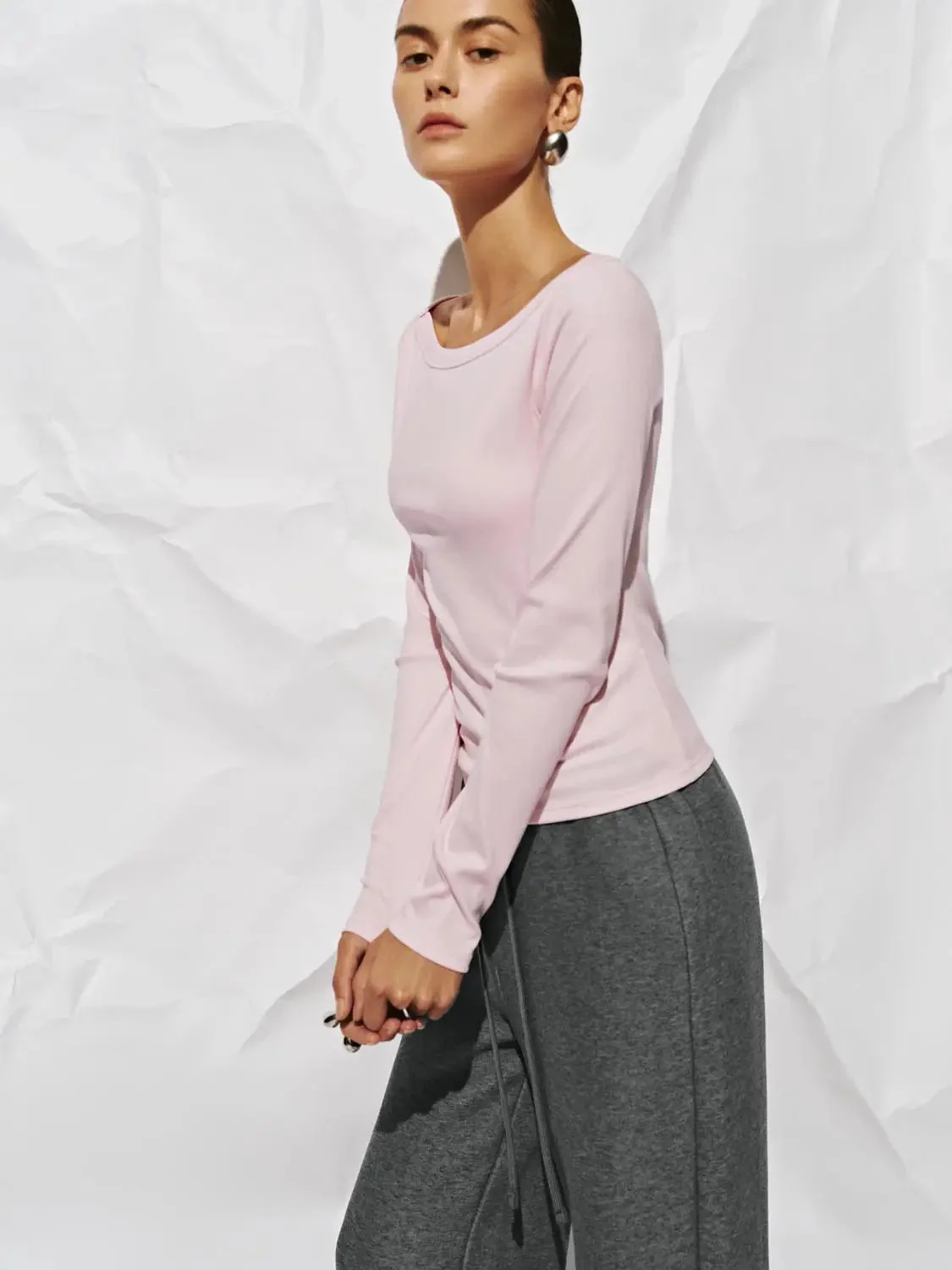 Cotton And Viscose Blend Off Shoulder Long Sleeve T Shirts