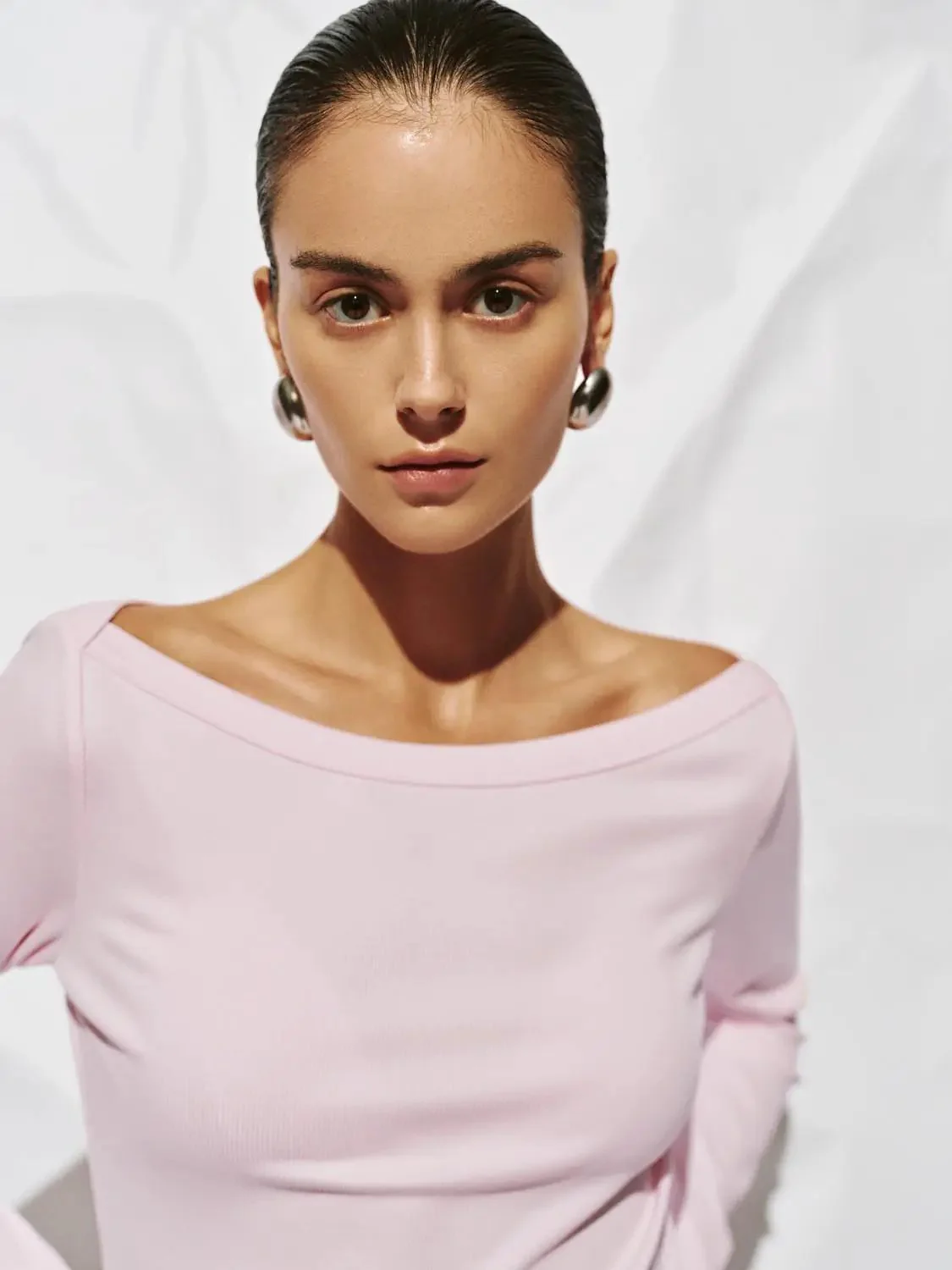 Cotton And Viscose Blend Off Shoulder Long Sleeve T Shirts