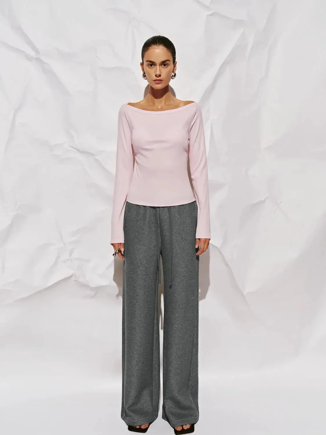 Cotton And Viscose Blend Off Shoulder Long Sleeve T Shirts