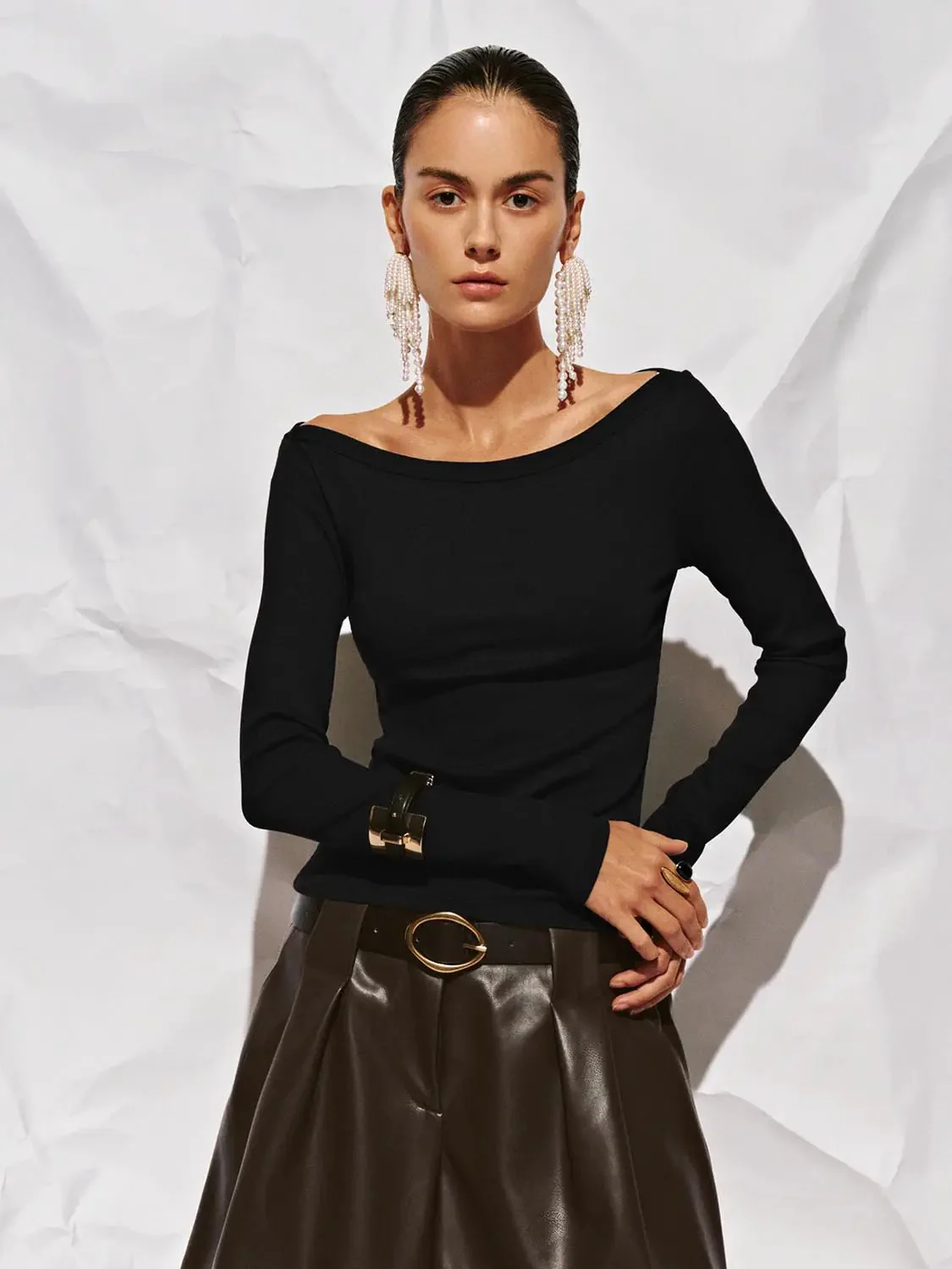 Cotton And Viscose Blend Off Shoulder Long Sleeve T Shirts