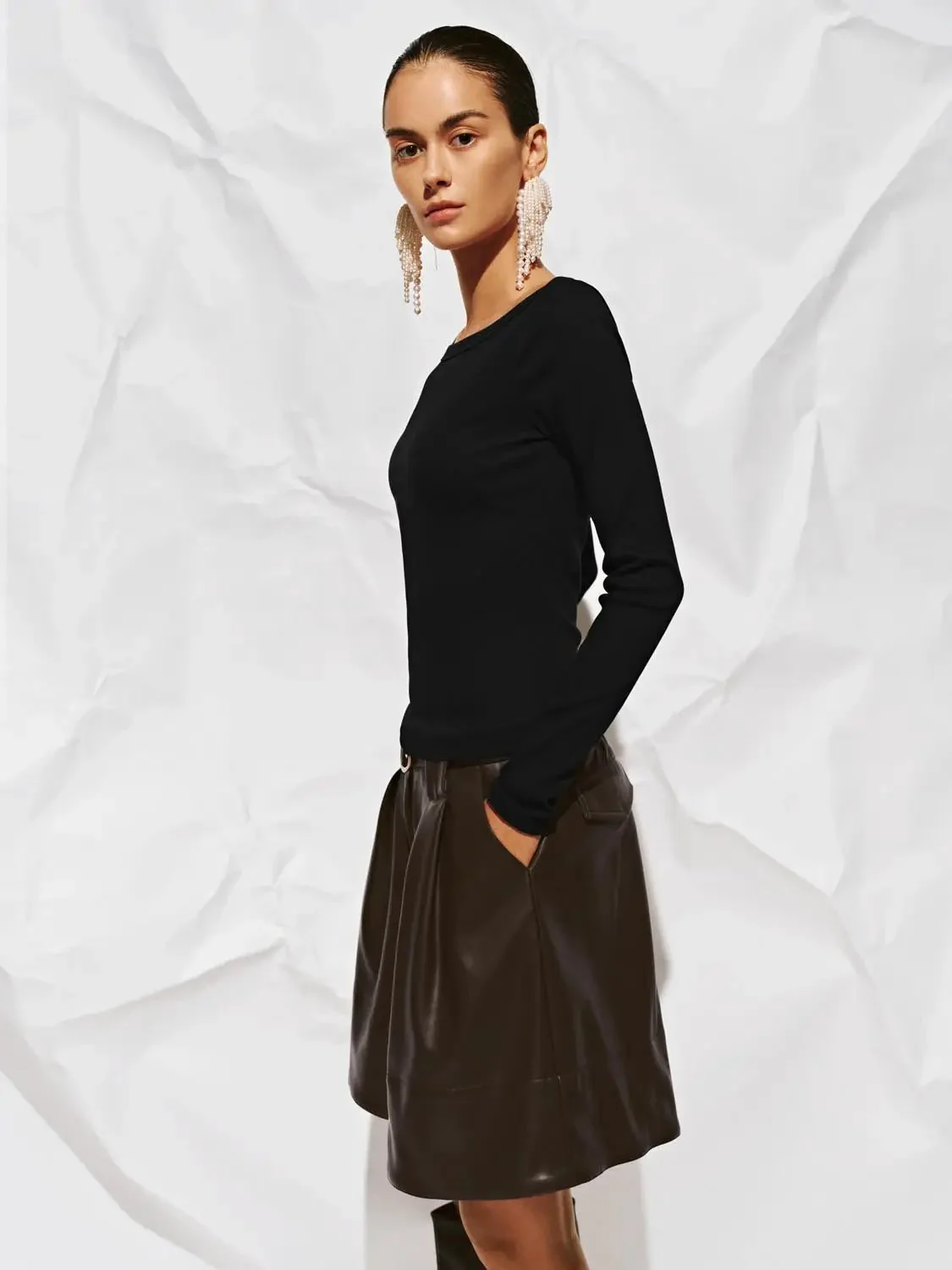 Cotton And Viscose Blend Off Shoulder Long Sleeve T Shirts