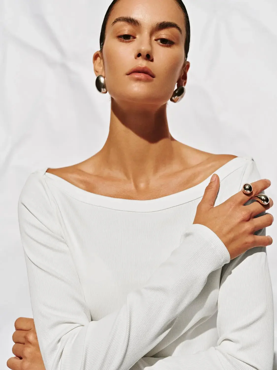 Cotton And Viscose Blend Off Shoulder Long Sleeve T Shirts