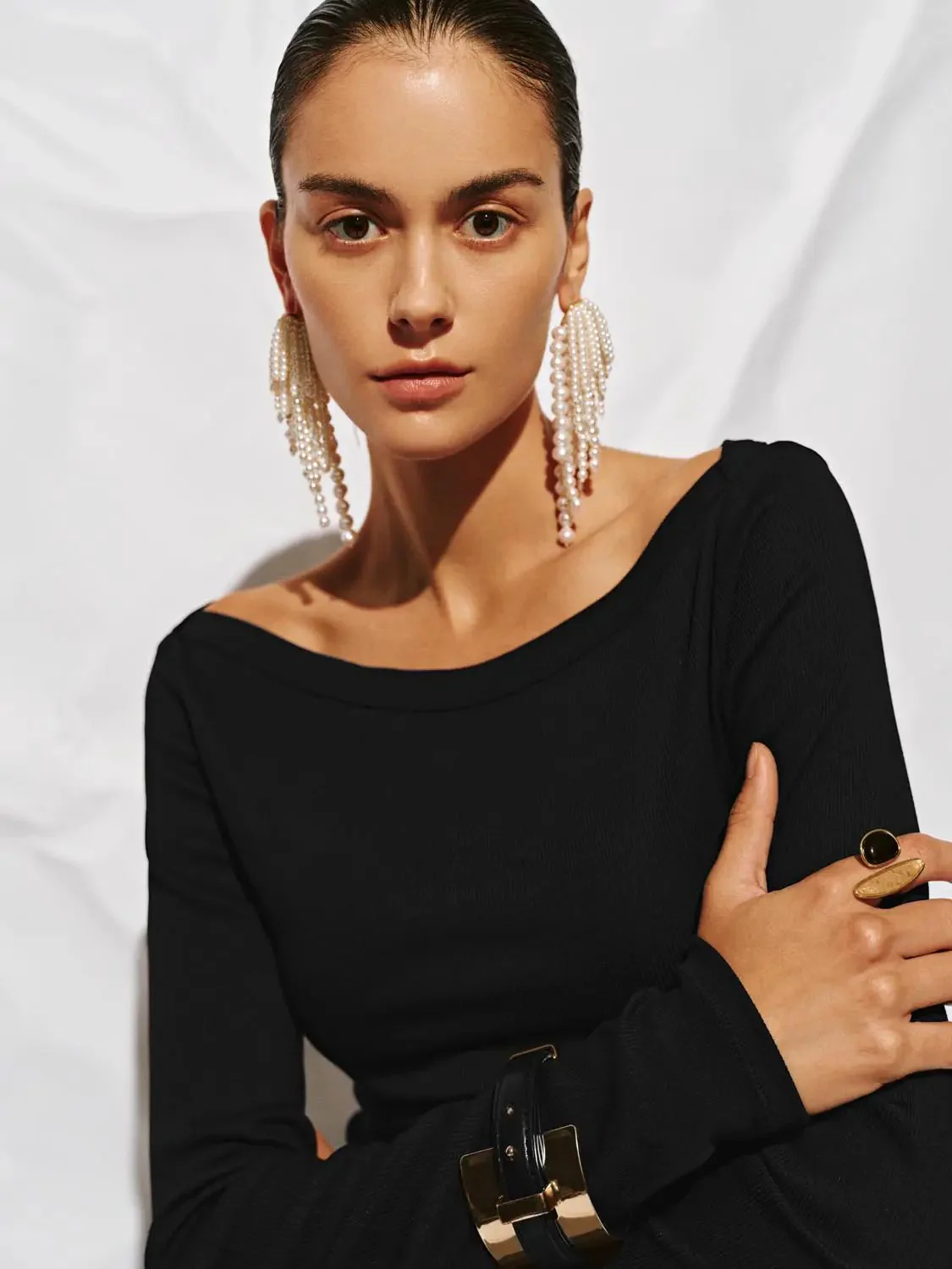 Cotton And Viscose Blend Off Shoulder Long Sleeve T Shirts