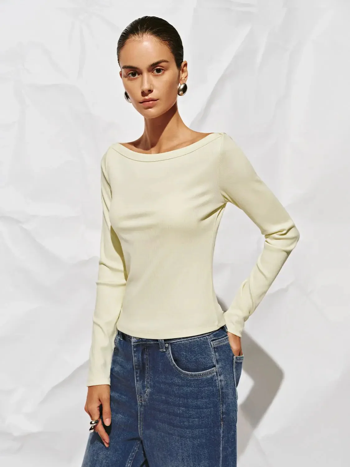 Cotton And Viscose Blend Off Shoulder Long Sleeve T Shirts