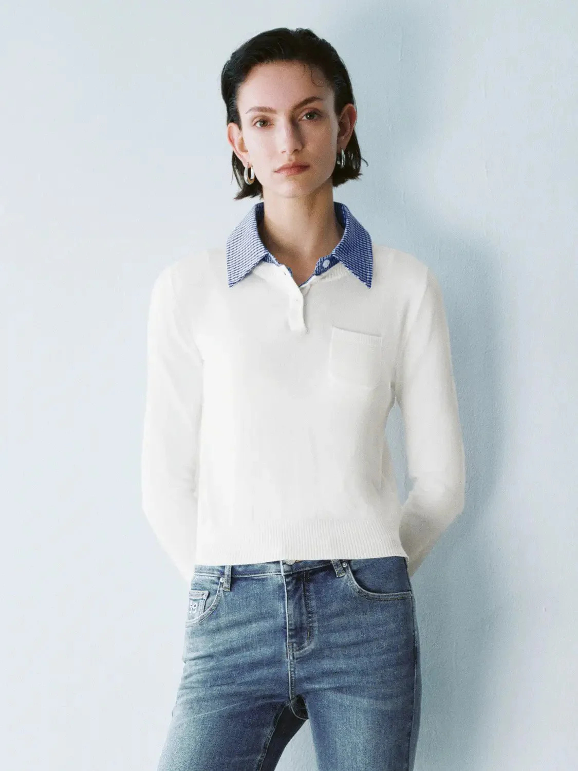 16498-white-plaid-collar-knit-top-with-blue-striped-collar-top-1.webp White Plaid Collar Knit Top With Blue Striped Collar Top
