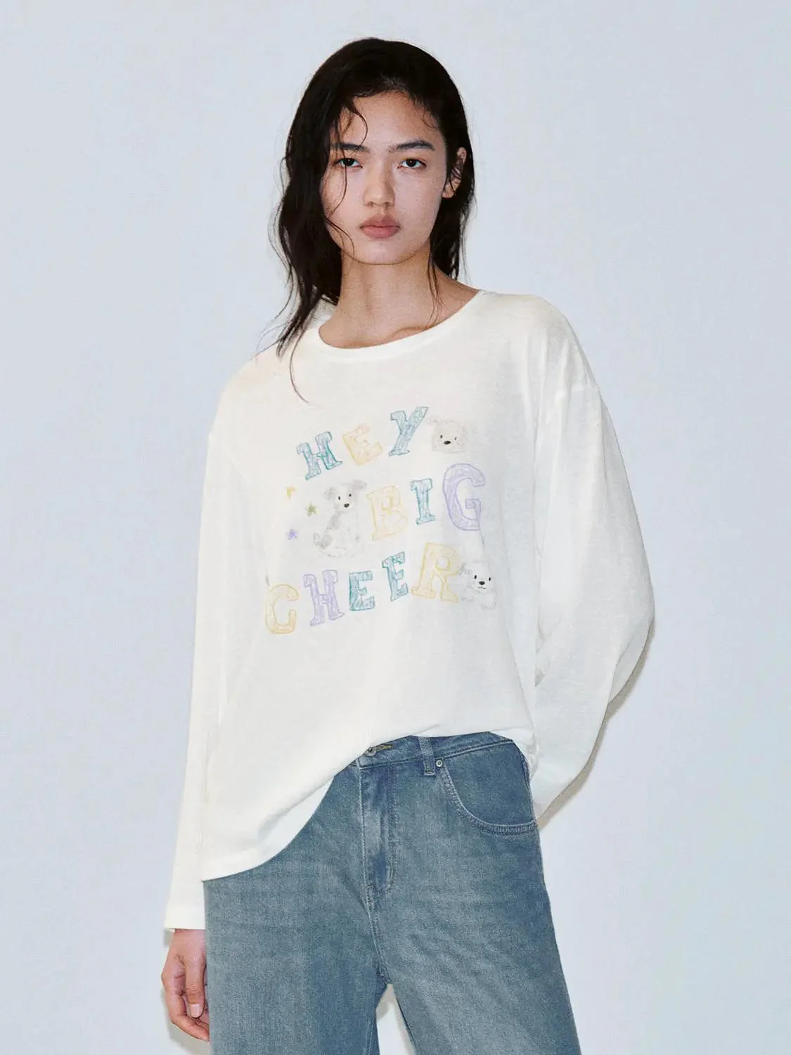 Cotton Blend Printed Crew Neck Long Sleeve T Shirt