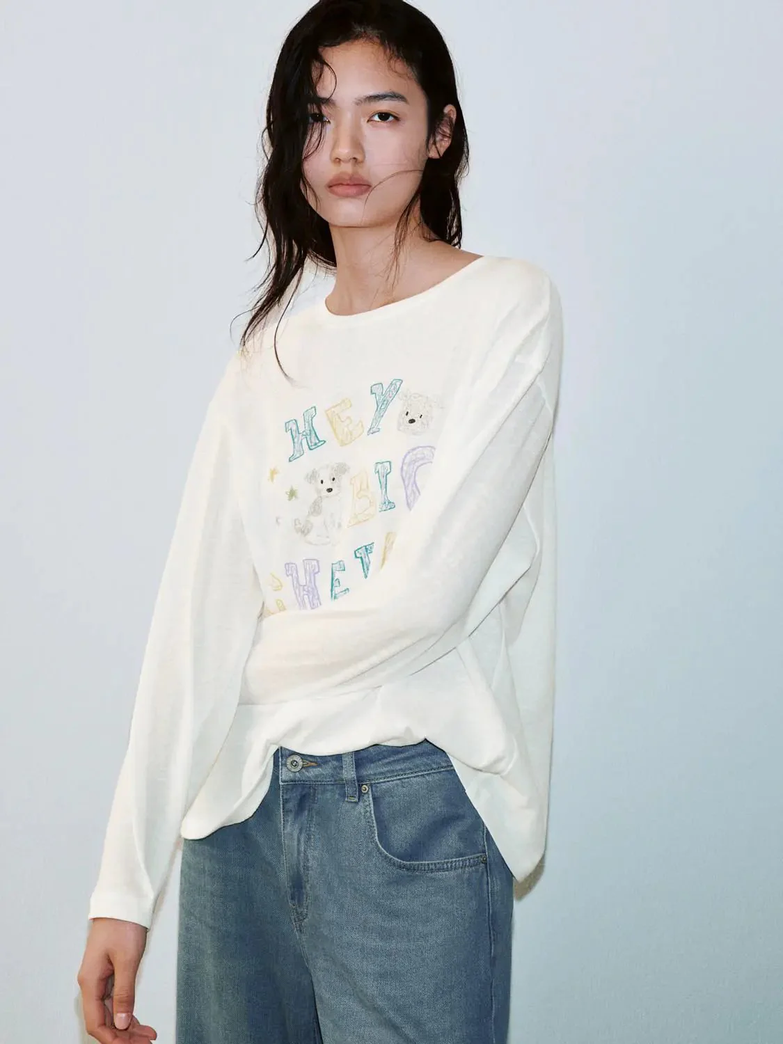 Cotton Blend Printed Crew Neck Long Sleeve T Shirt