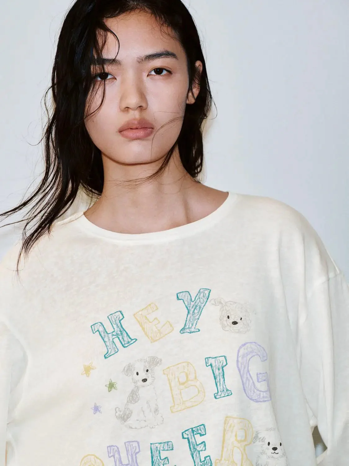 Cotton Blend Printed Crew Neck Long Sleeve T Shirt