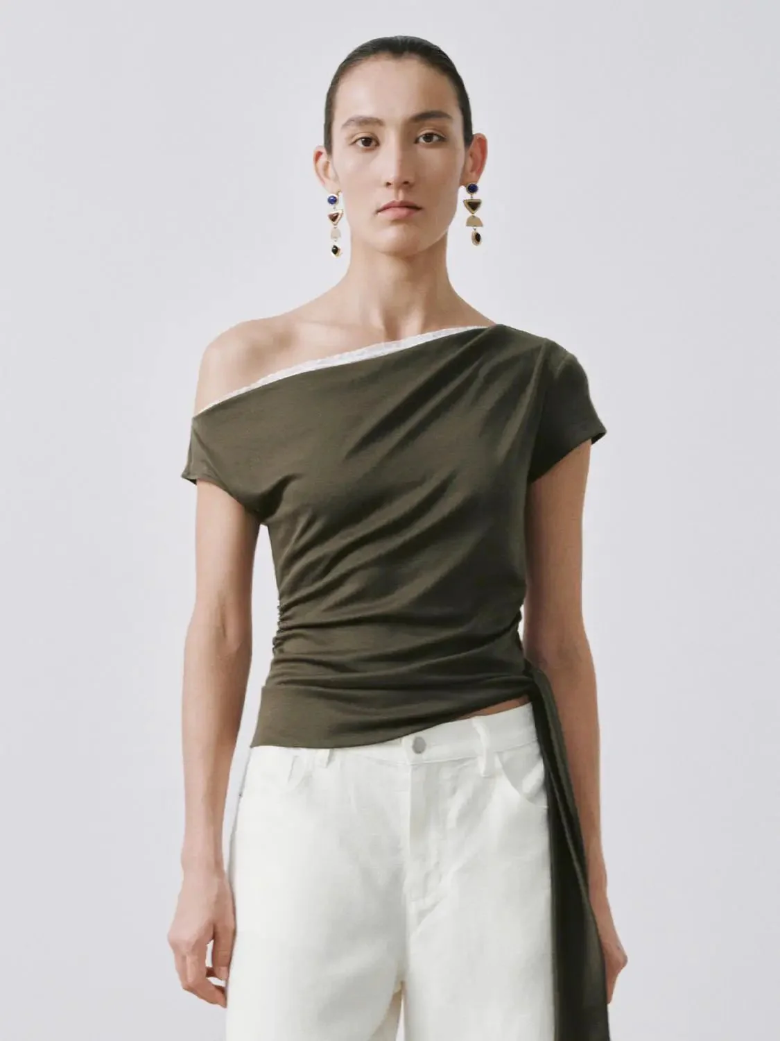1674-olive-one-shoulder-ruched-lace-trim-elegant-top-17.webp Olive One Shoulder Ruched Lace Trim Elegant Top