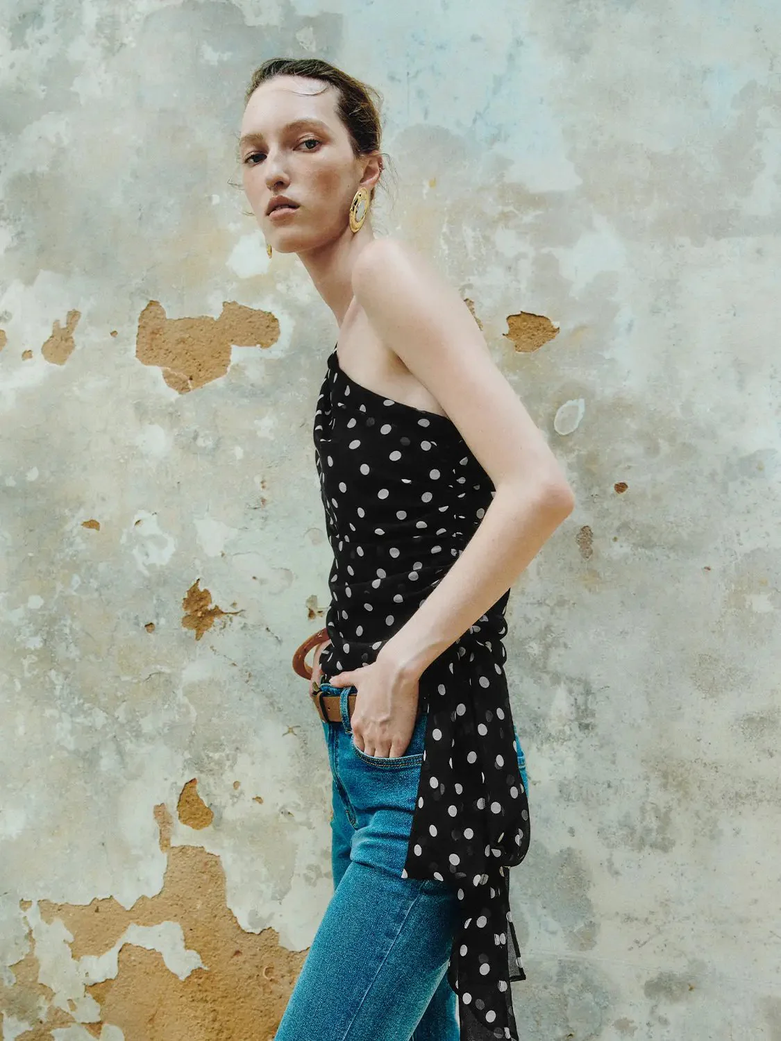 1695-chic-one-shoulder-polka-dot-draped-statement-blouse-2.webp Chic One-Shoulder Polka Dot Draped Statement Blouse