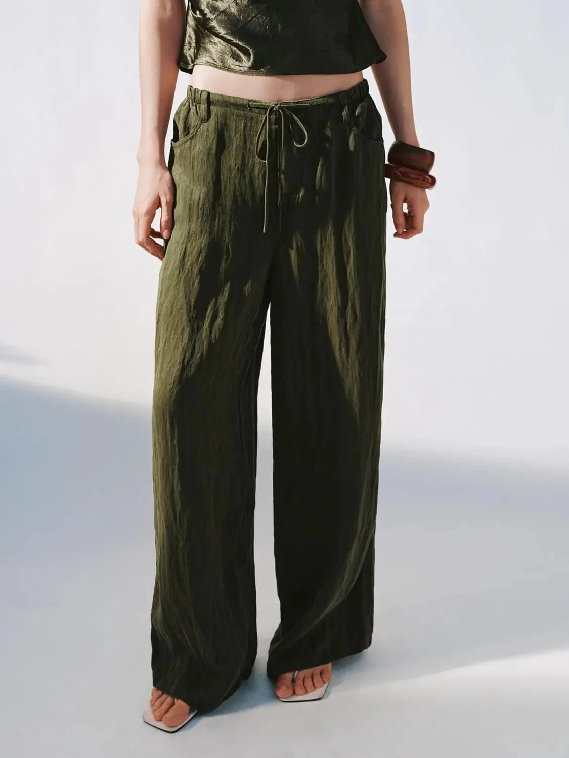 Drawstring Wide Leg Pants With Slight Stretch Relaxed Fit