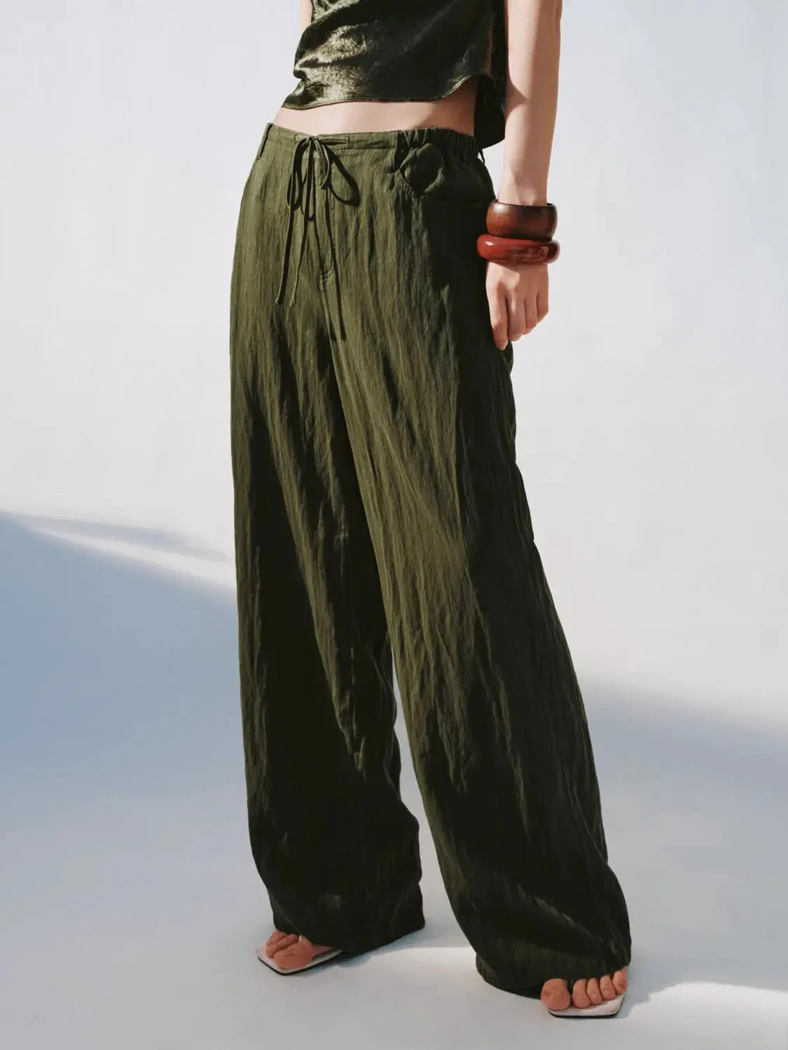 Drawstring Wide Leg Pants With Slight Stretch Relaxed Fit