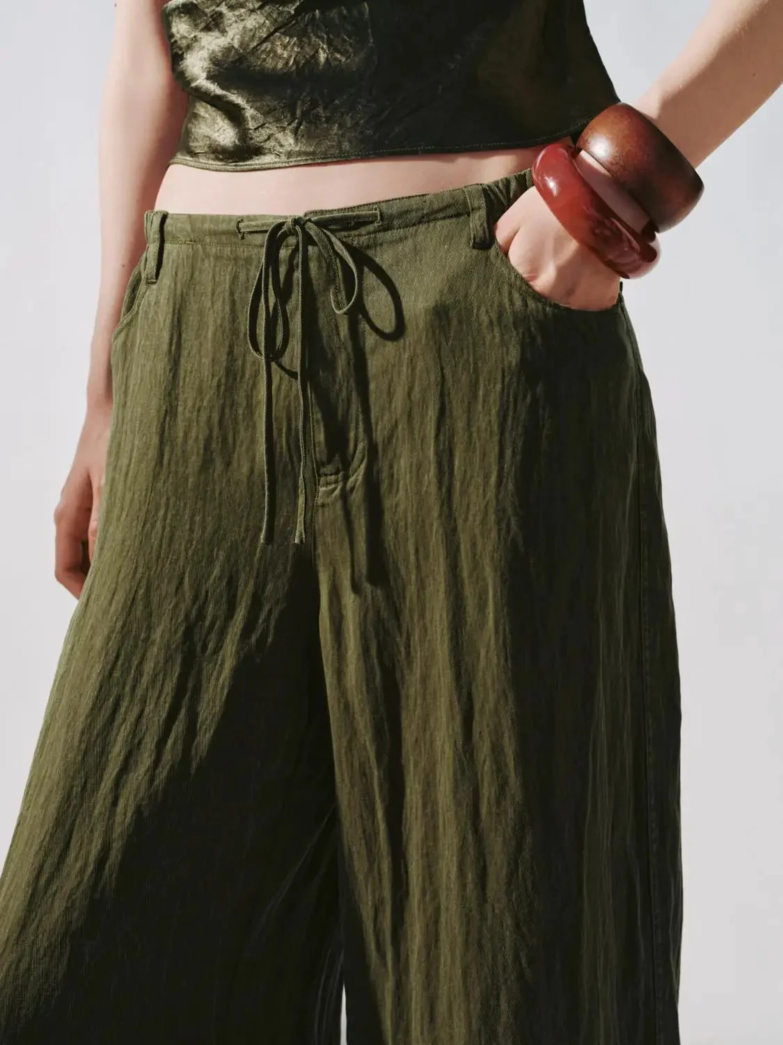 Drawstring Wide Leg Pants With Slight Stretch Relaxed Fit
