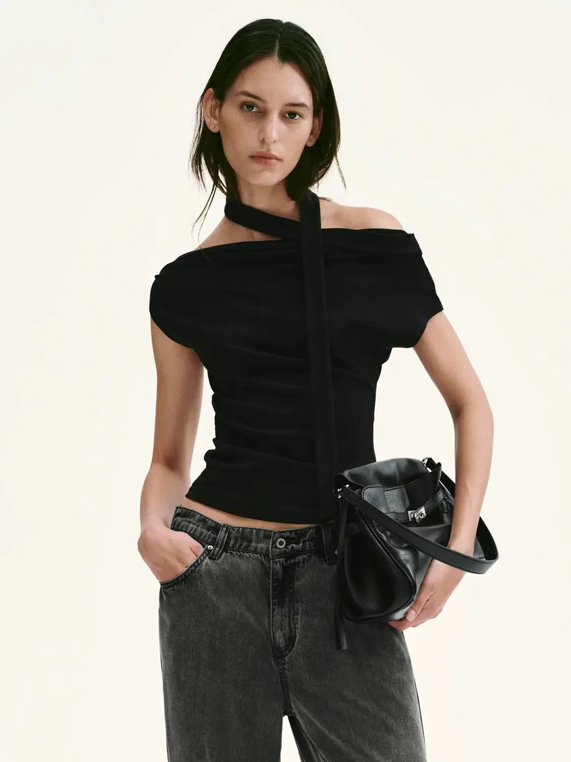 17742-scarf-neck-one-shoulder-ruched-black-top-1.webp Scarf Neck One Shoulder Ruched Black Top