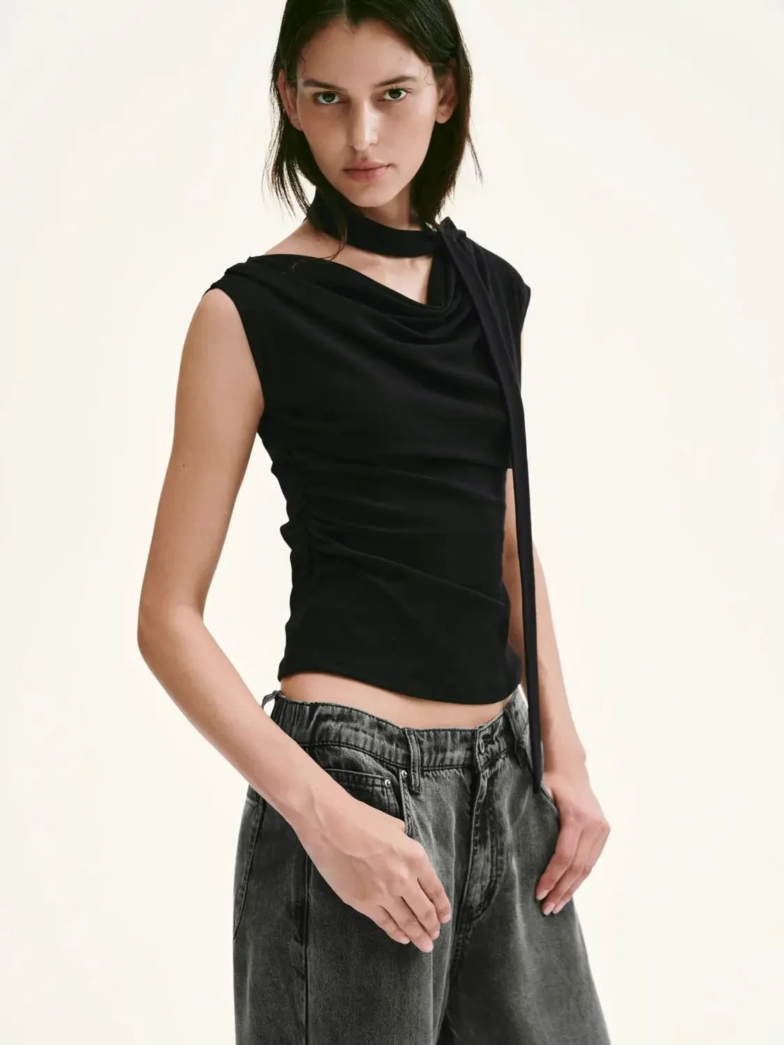 17742-scarf-neck-one-shoulder-ruched-black-top-2.webp Scarf Neck One Shoulder Ruched Black Top