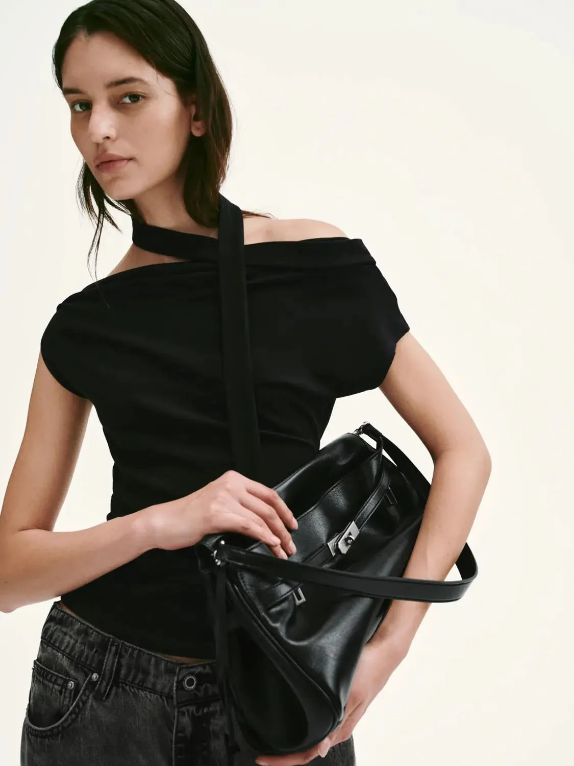 17742-scarf-neck-one-shoulder-ruched-black-top-3.webp Scarf Neck One Shoulder Ruched Black Top