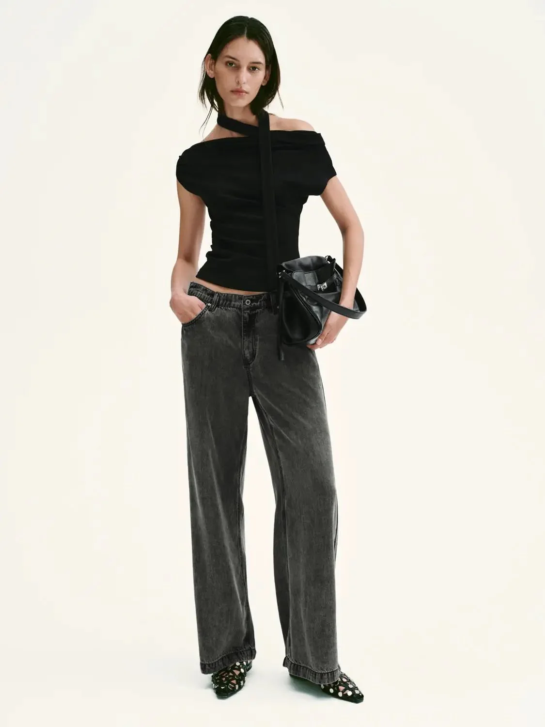 17742-scarf-neck-one-shoulder-ruched-black-top-4.webp Scarf Neck One Shoulder Ruched Black Top