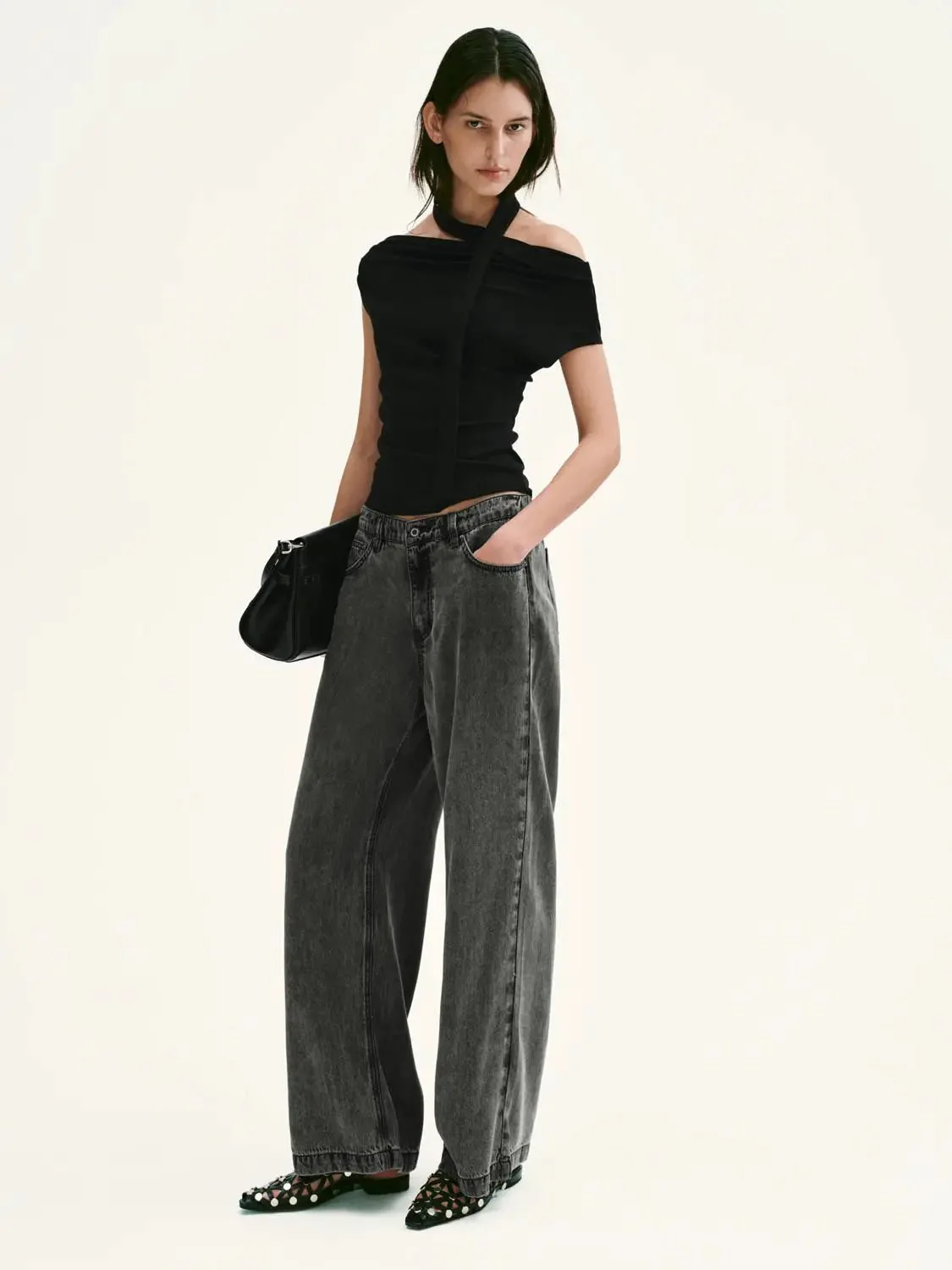 17742-scarf-neck-one-shoulder-ruched-black-top-5.webp Scarf Neck One Shoulder Ruched Black Top