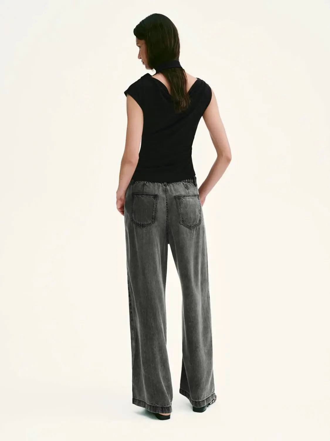 17742-scarf-neck-one-shoulder-ruched-black-top-6.webp Scarf Neck One Shoulder Ruched Black Top