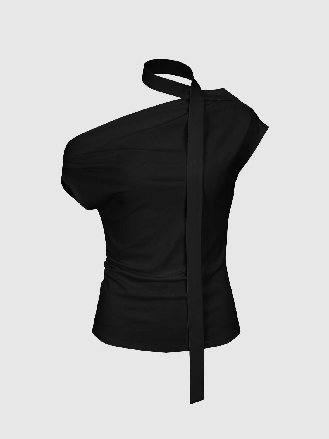 17742-scarf-neck-one-shoulder-ruched-black-top-7.webp Scarf Neck One Shoulder Ruched Black Top