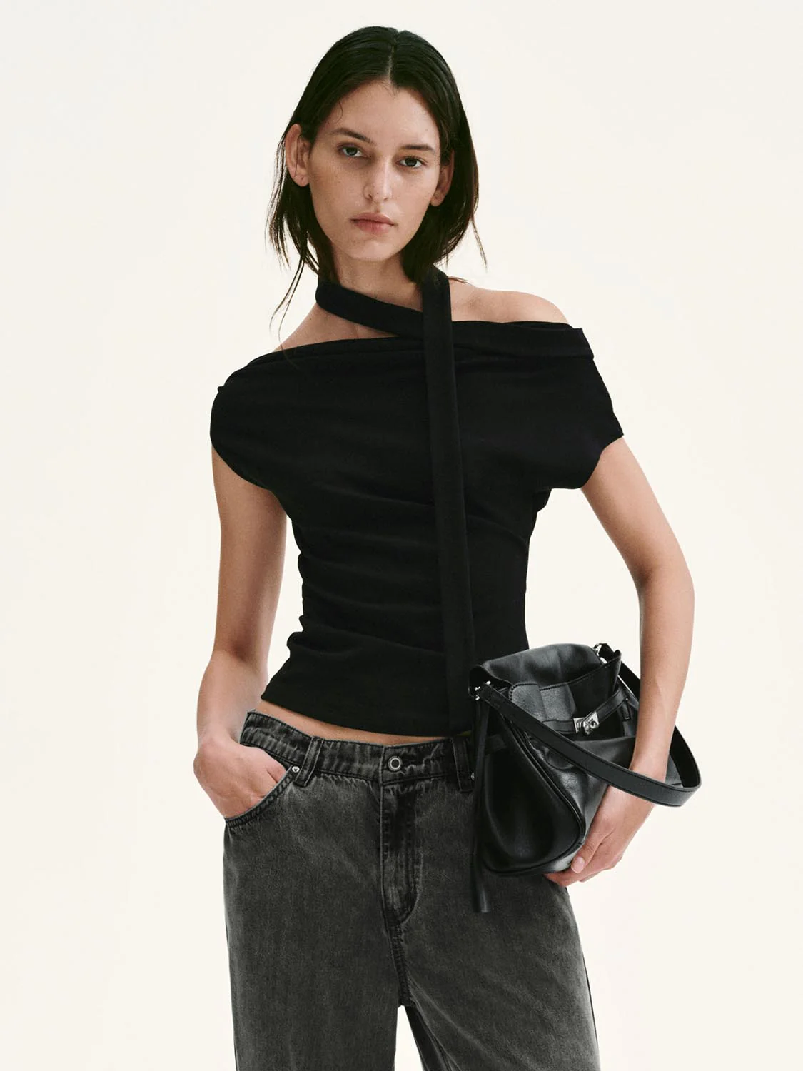17742-scarf-neck-one-shoulder-ruched-black-top-9.webp Scarf Neck One Shoulder Ruched Black Top