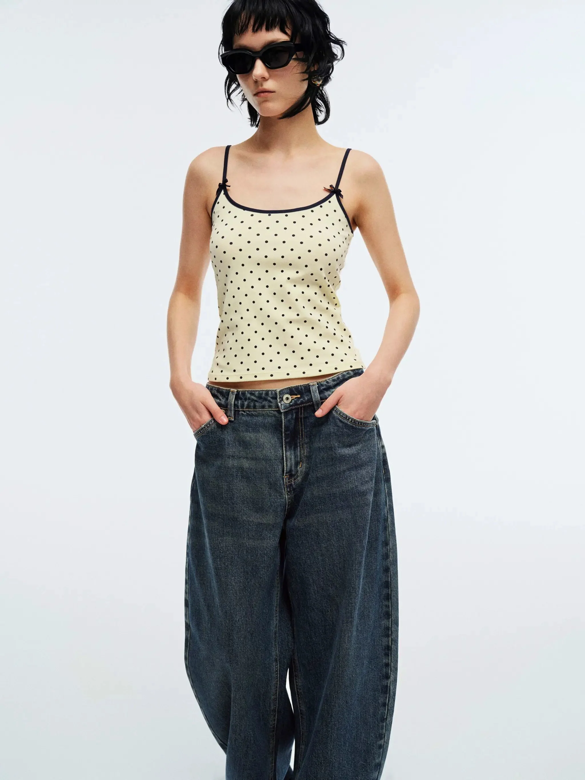 Cotton Navy Polka Dot Bow Detail Strappy Tank Top