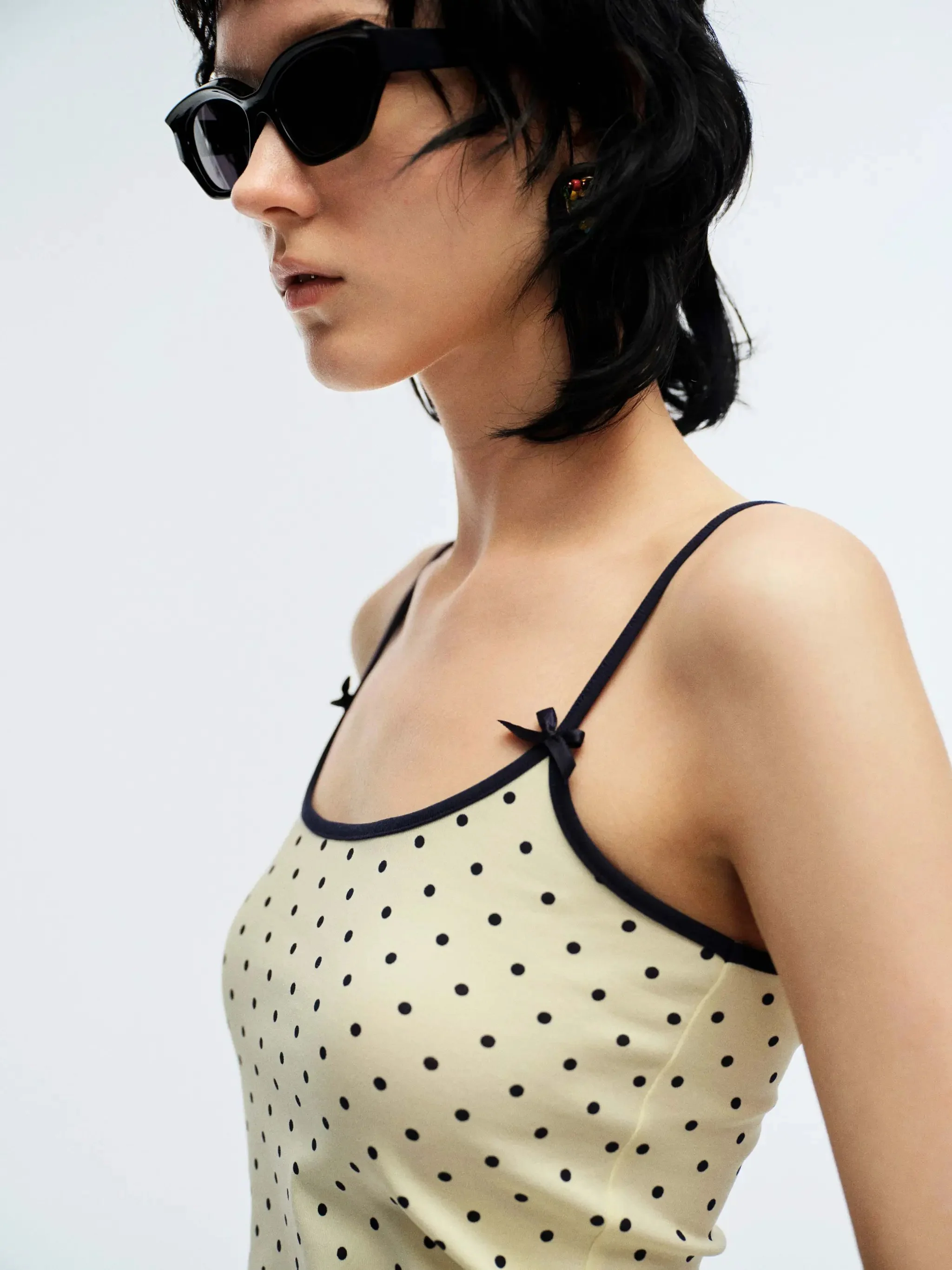 Cotton Navy Polka Dot Bow Detail Strappy Tank Top