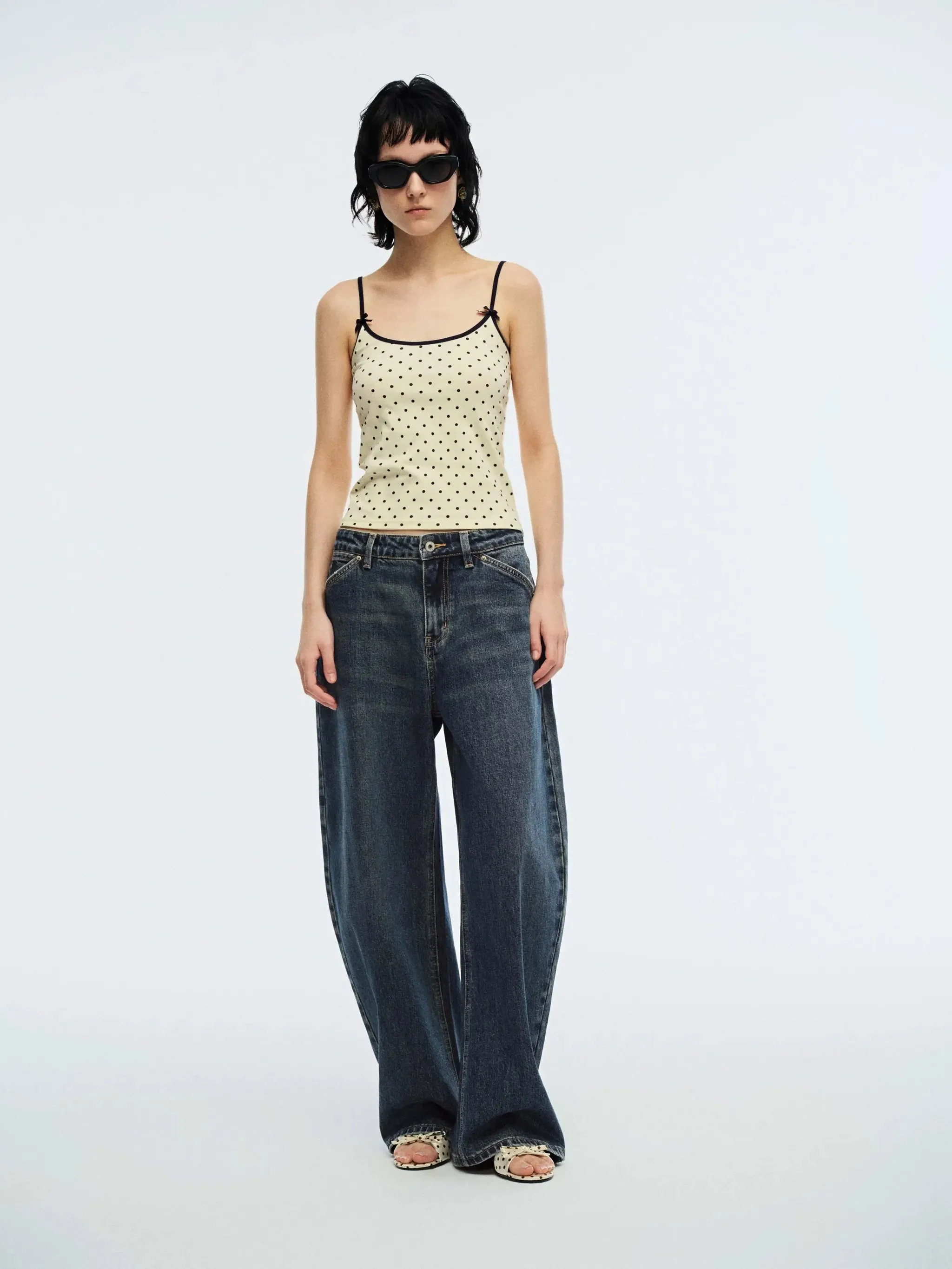 Cotton Navy Polka Dot Bow Detail Strappy Tank Top