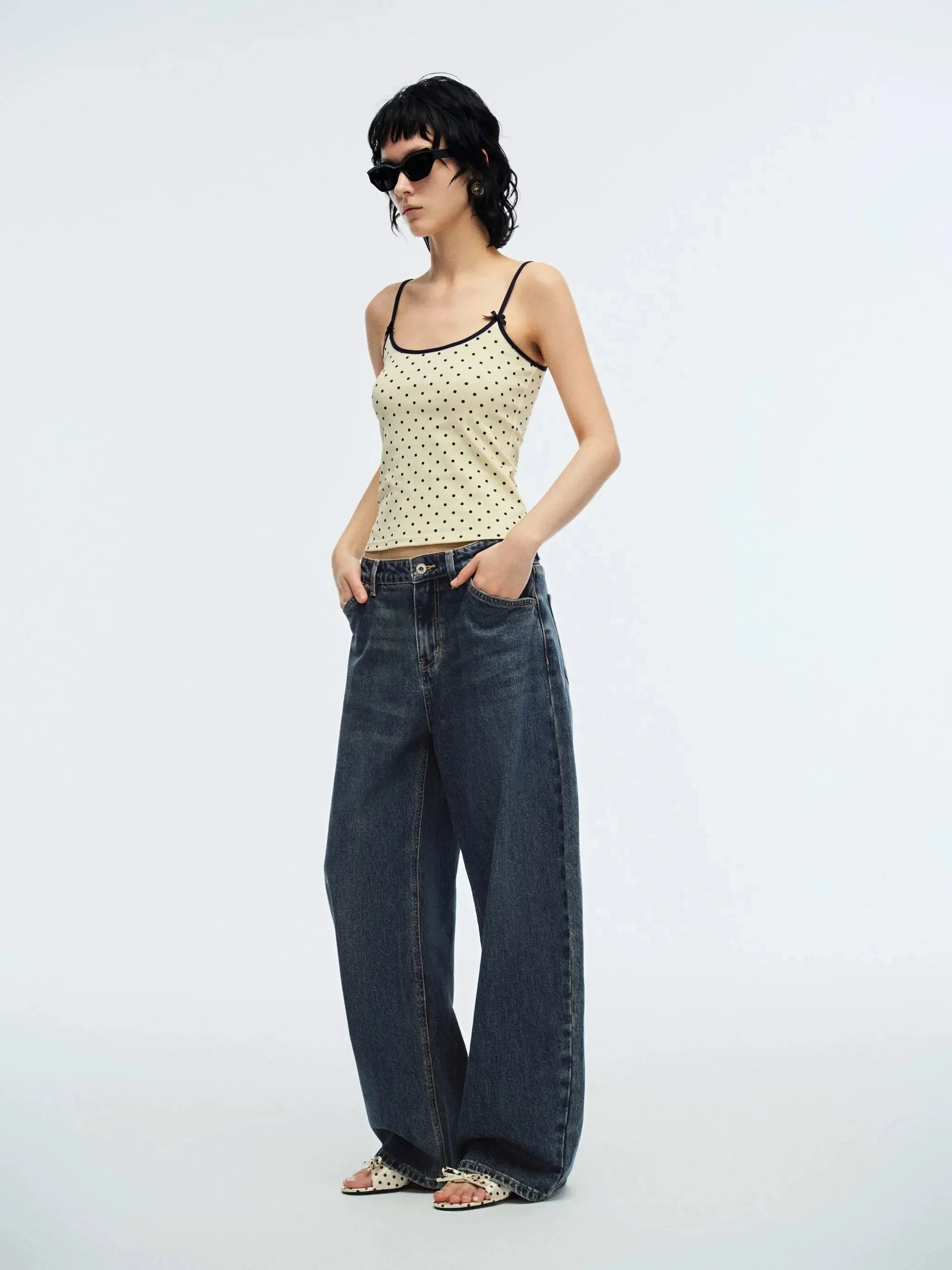Cotton Navy Polka Dot Bow Detail Strappy Tank Top