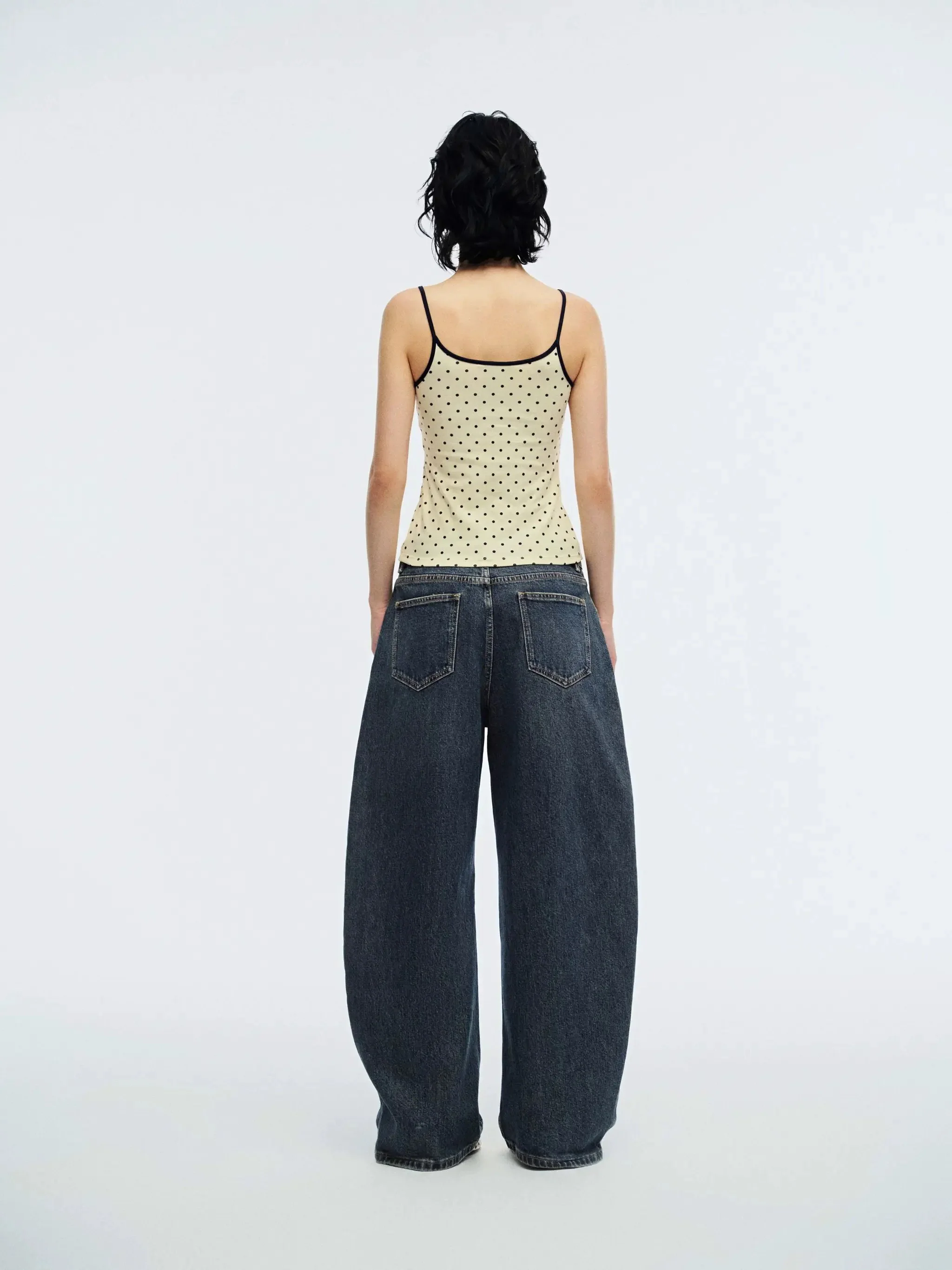 Cotton Navy Polka Dot Bow Detail Strappy Tank Top