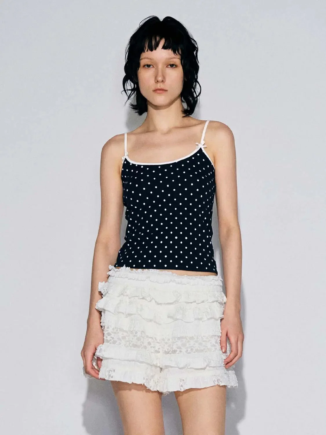 Cotton Navy Polka Dot Bow Detail Strappy Tank Top