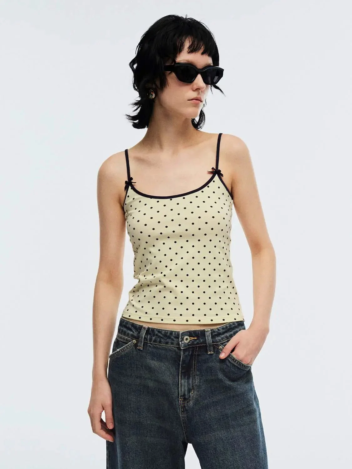 Cotton Navy Polka Dot Bow Detail Strappy Tank Top