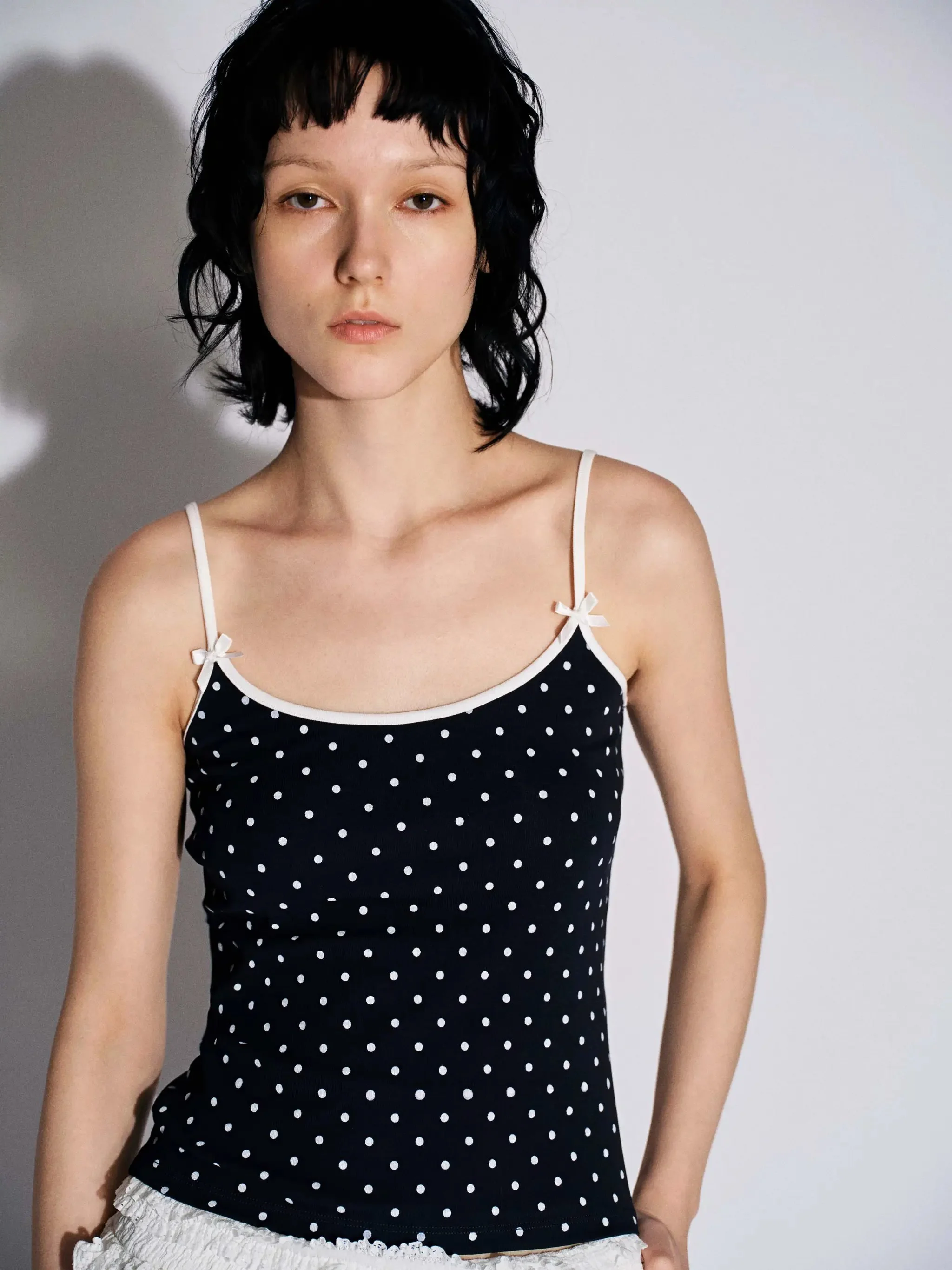 Cotton Navy Polka Dot Bow Detail Strappy Tank Top