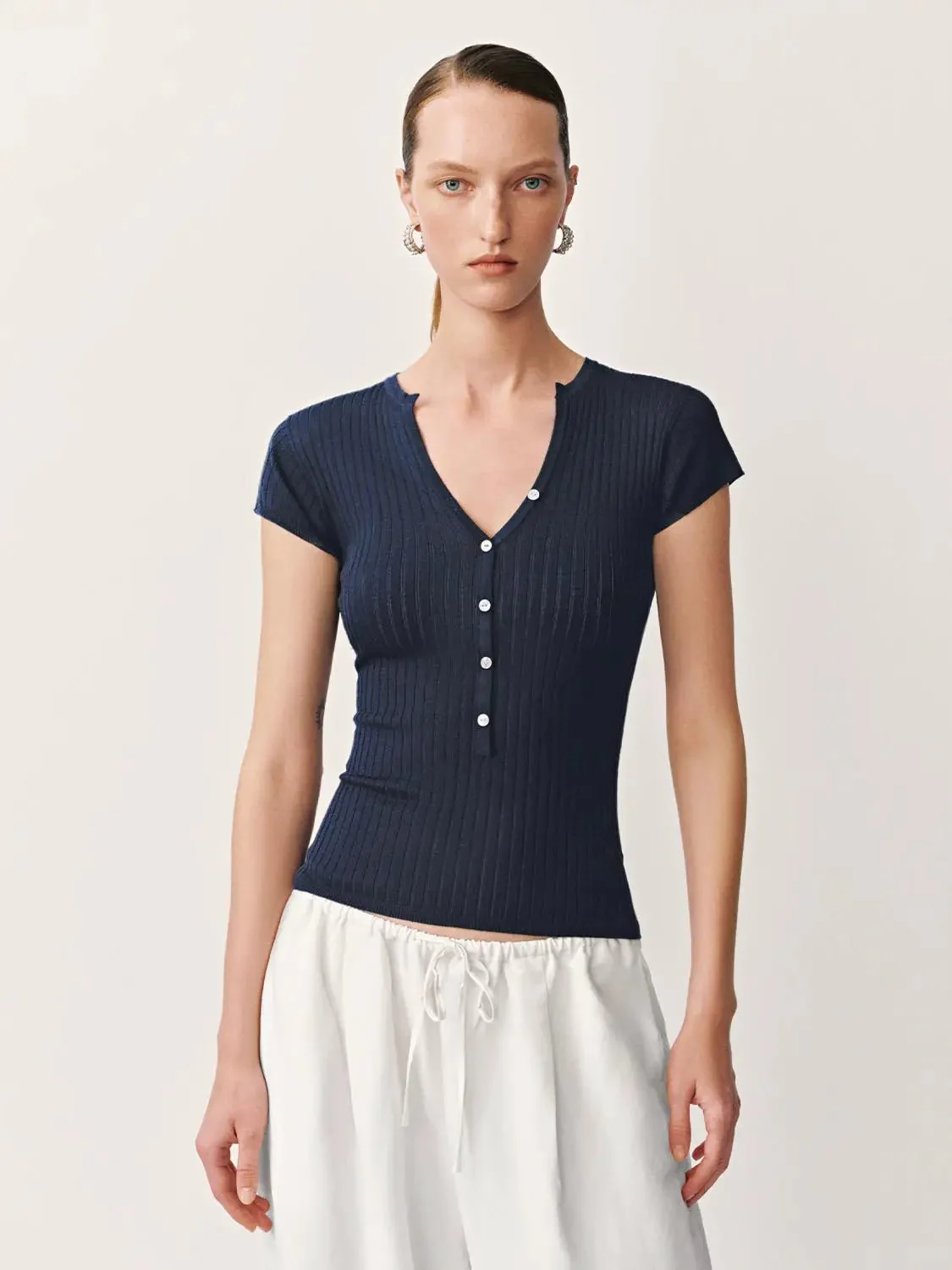 1791-navy-classic-henley-neck-ribbed-stretch-knit-top-1.webp Navy Classic Henley Neck Ribbed Stretch Knit Top