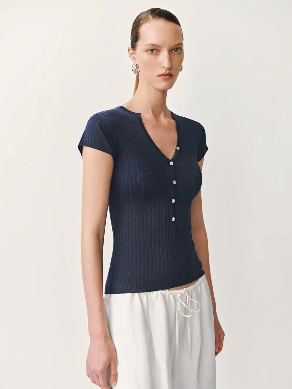 1791-navy-classic-henley-neck-ribbed-stretch-knit-top-2.webp Navy Classic Henley Neck Ribbed Stretch Knit Top