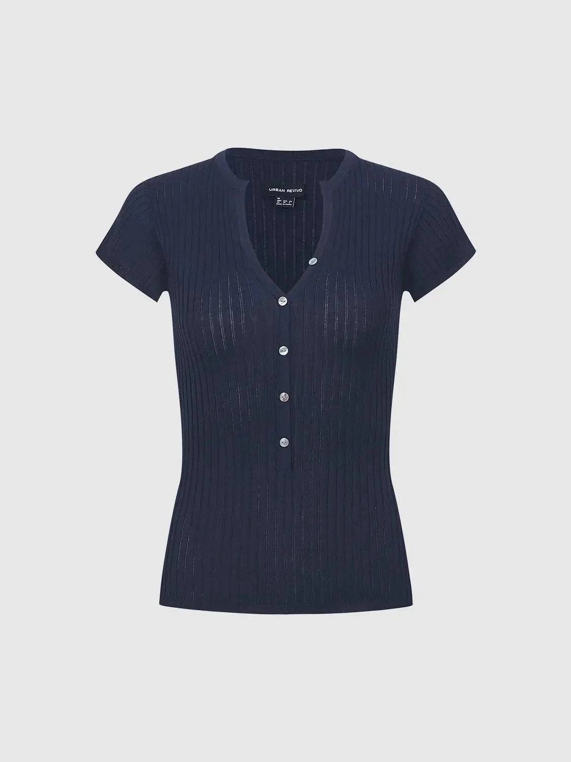 1791-navy-classic-henley-neck-ribbed-stretch-knit-top-7.webp Navy Classic Henley Neck Ribbed Stretch Knit Top
