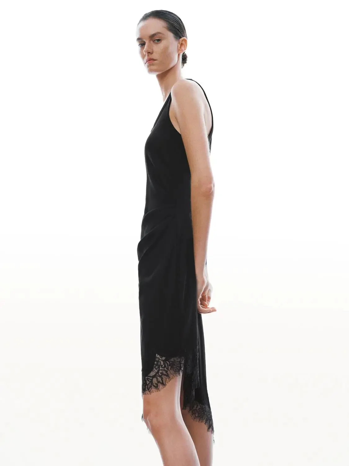 Elegant Lace Trim Sleeveless Stretch Asymmetric Midi Dress