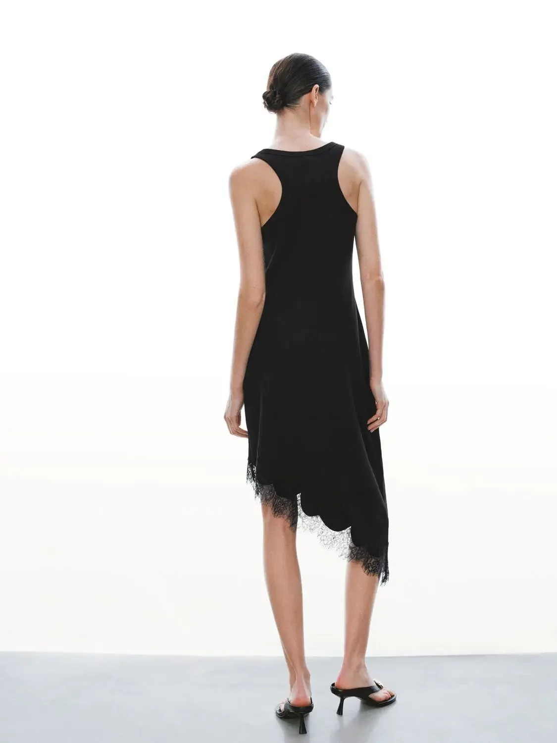 Elegant Lace Trim Sleeveless Stretch Asymmetric Midi Dress
