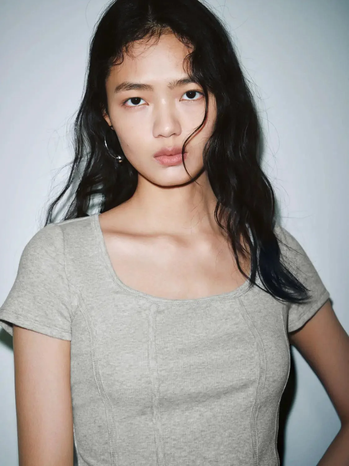 Square Neck Seamed Skinny Fit Cropped Cotton T-Shirts