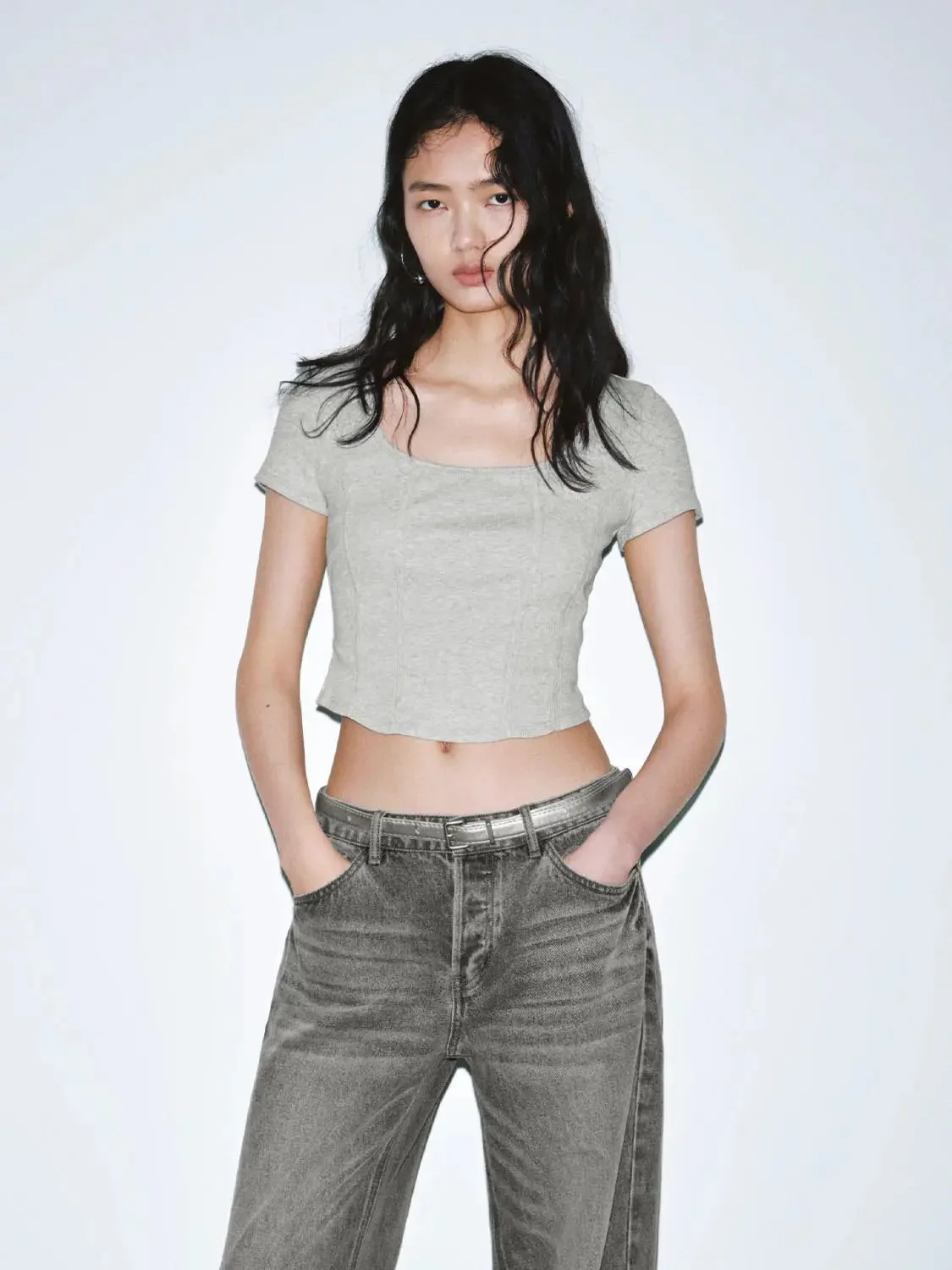 Square Neck Seamed Skinny Fit Cropped Cotton T-Shirts