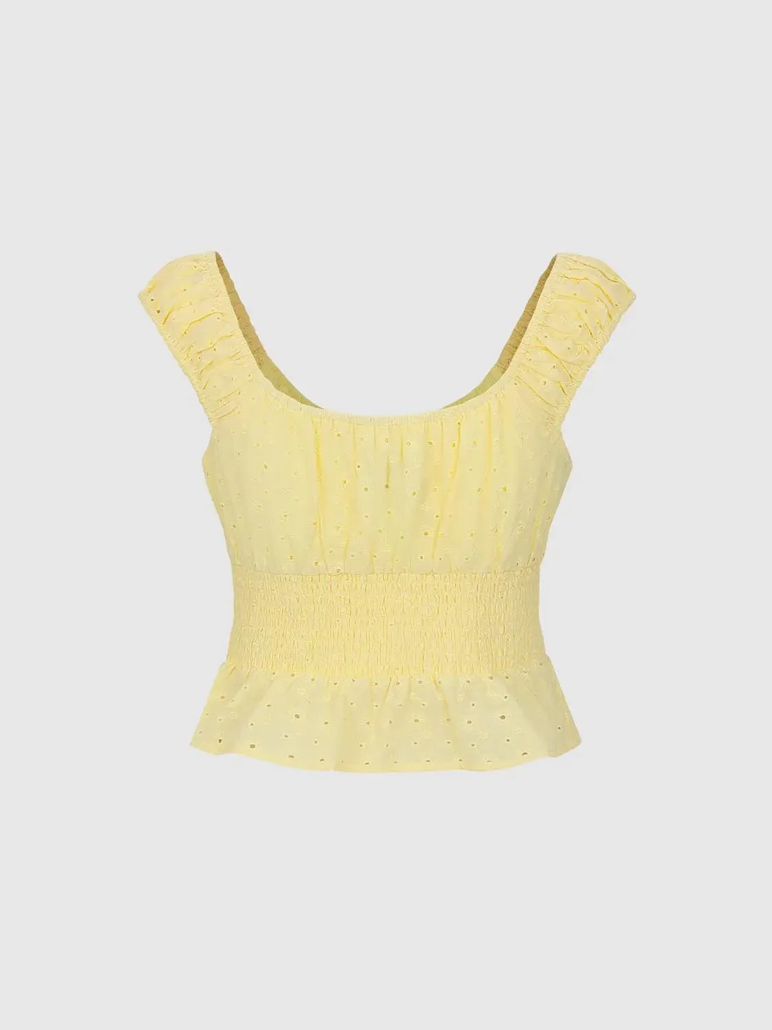 18399-yellow-eyelet-cotton-shirred-front-tie-cap-sleeve-shirts-2.webp Yellow Eyelet Cotton Shirred Front Tie Cap Sleeve Shirts