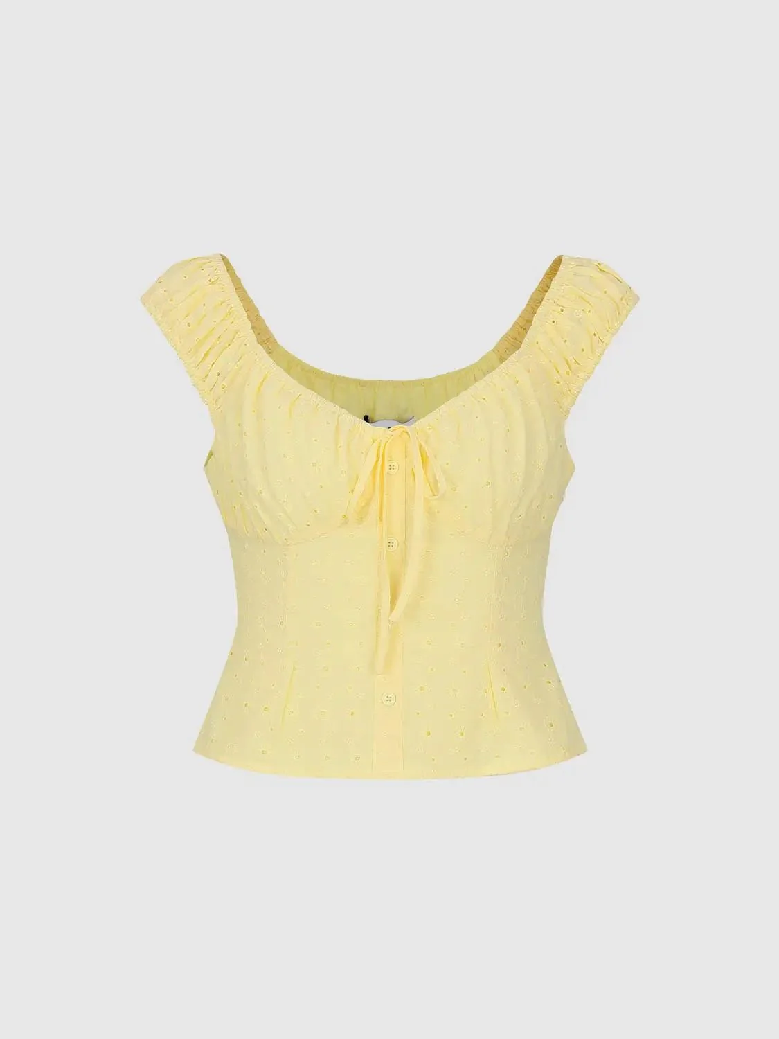 18399-yellow-eyelet-cotton-shirred-front-tie-cap-sleeve-shirts-4.webp Yellow Eyelet Cotton Shirred Front Tie Cap Sleeve Shirts