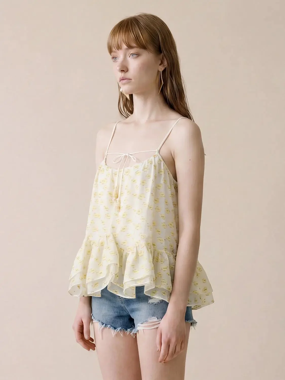 Printed Chiffon Strappy Tiered Ruffle Cami Tops