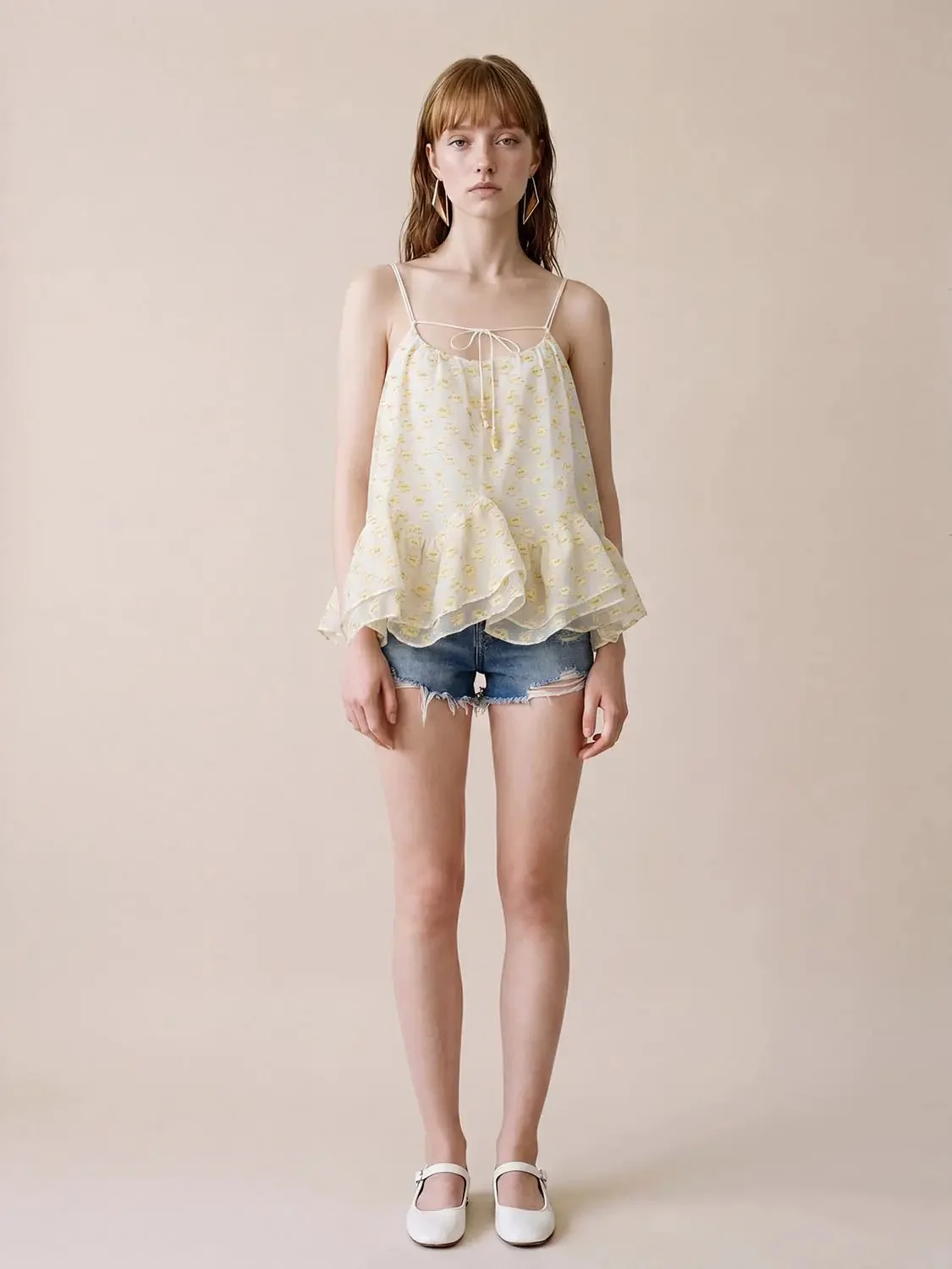 Printed Chiffon Strappy Tiered Ruffle Cami Tops