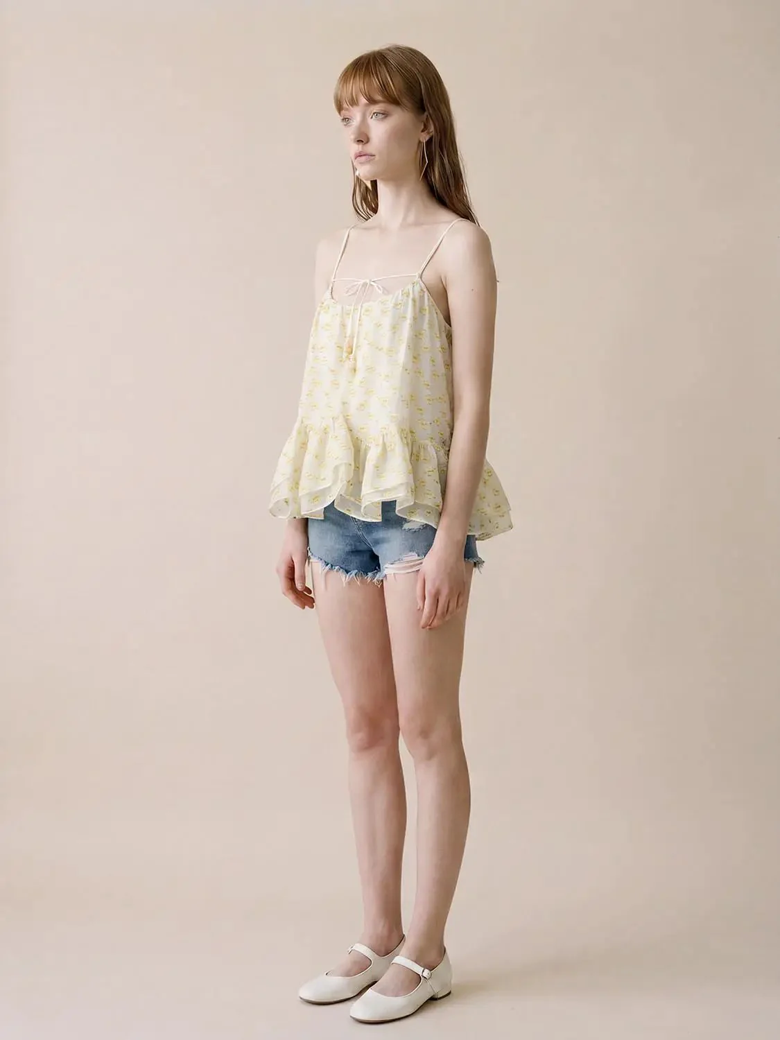 Printed Chiffon Strappy Tiered Ruffle Cami Tops