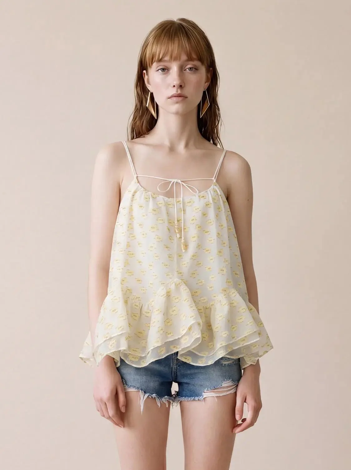 Printed Chiffon Strappy Tiered Ruffle Cami Tops
