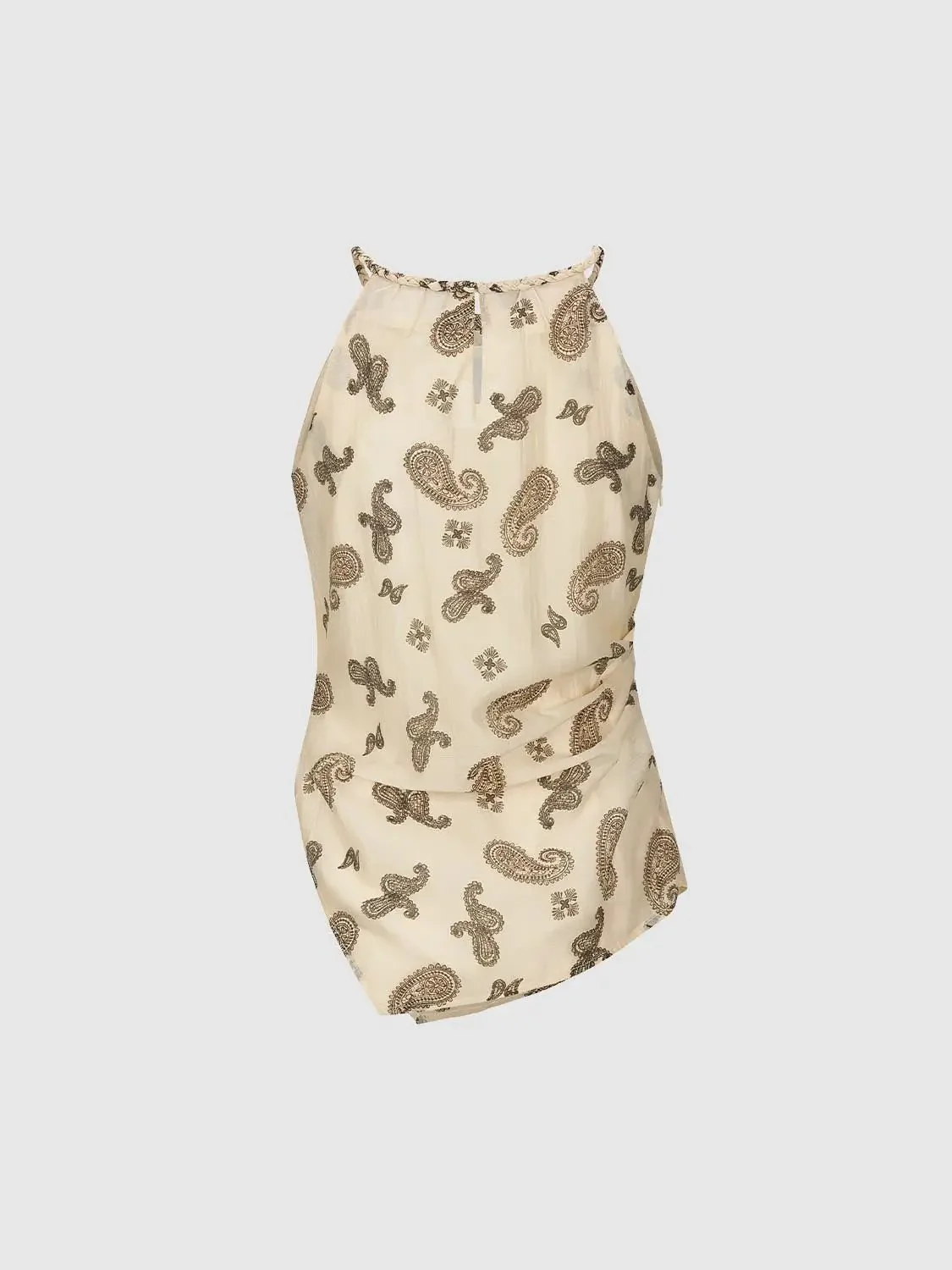 18489-beige-silk-satin-paisley-print-halter-sleeveless-overhead-shirts-2.webp Beige Silk Satin Paisley Print Halter Sleeveless Overhead Shirts