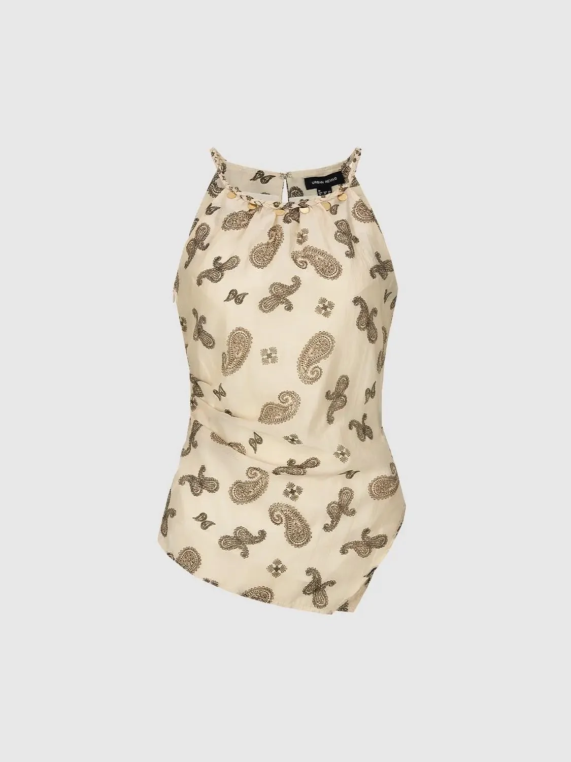 18489-beige-silk-satin-paisley-print-halter-sleeveless-overhead-shirts-4.webp Beige Silk Satin Paisley Print Halter Sleeveless Overhead Shirts